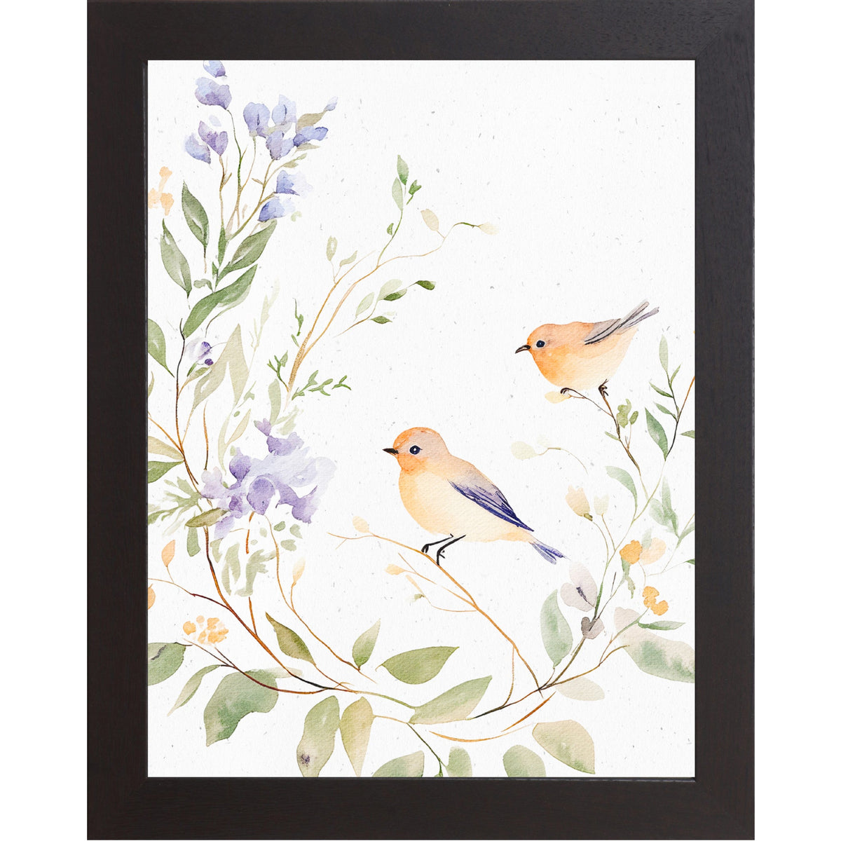 Watercolor Birds on Floral Branch Framed Wall Art – Soft Neutral Nature Decor, Bird Illustration (SB195)