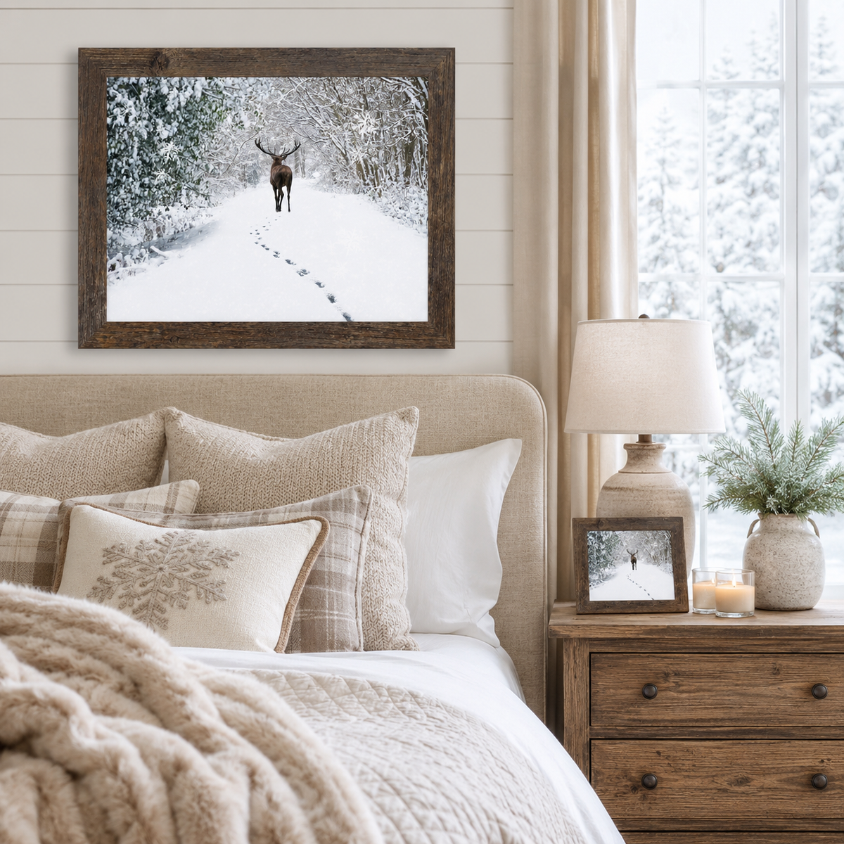 Snow Tracks Wall Art – Winter Stag In The Woods Landscape (SA426)