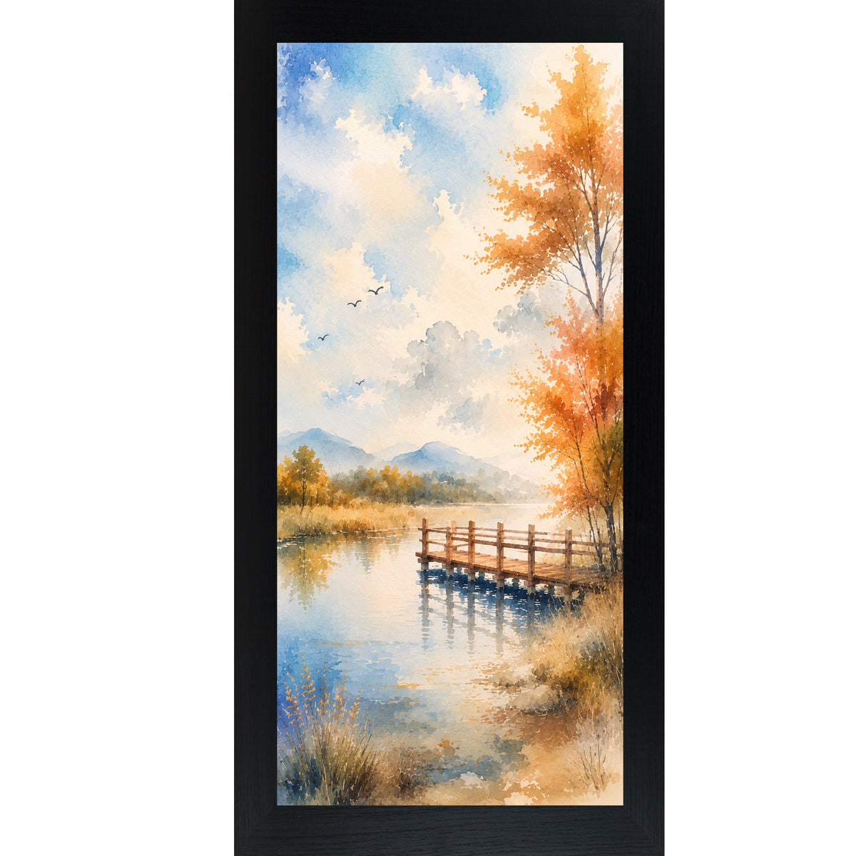 Autumn Pier Watercolor Wall Art – Tall Portrait Lake Scenic Landscape Decor (SB763)