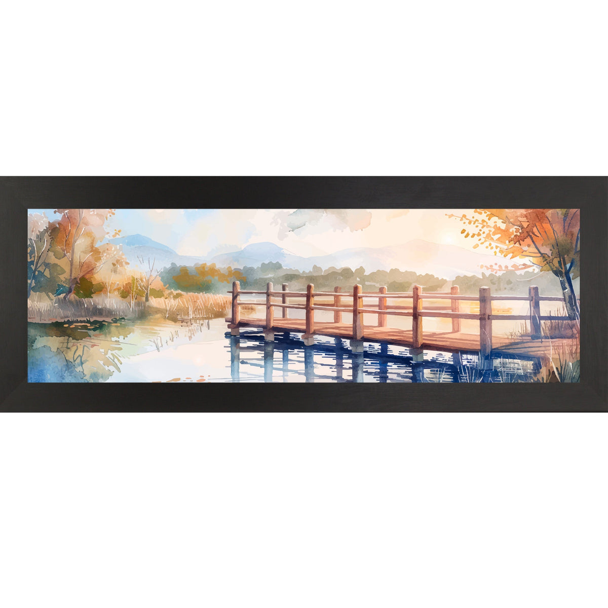 Autumn Pier Watercolor Wall Art – Wide Panoramic Lake Bridge Landscape Decor (SB943)