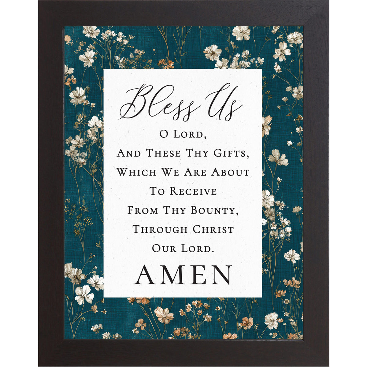 Bless Us O Lord Catholic Prayer Wall Art – Teal Floral Botanical Christian Decor (SB234)