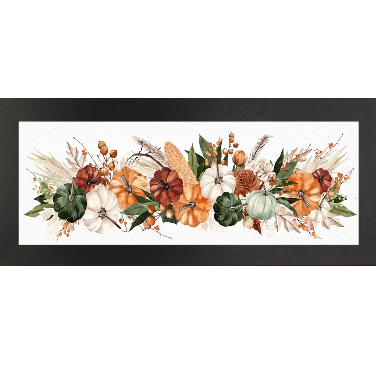 Harvest Wide Landscape Wall Art – Watercolor Pumpkin Corn Wheat Autumn Farmhouse Mantle Decor (SB949)