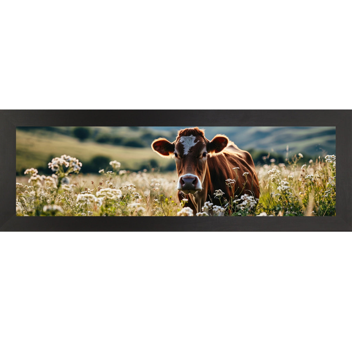 Jersey Cow Wildflower Panoramic Wall Art – Farmhouse Cattle Wide Landscape Decor (SB938)