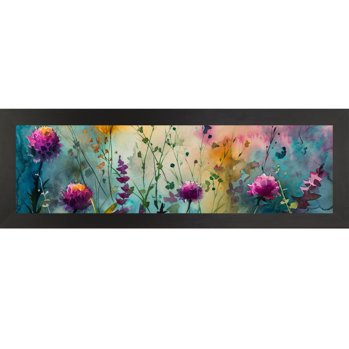 Teal Wildflower Wall Art – Watercolor Botanical Wide Landscape Floral Decor (SB932)