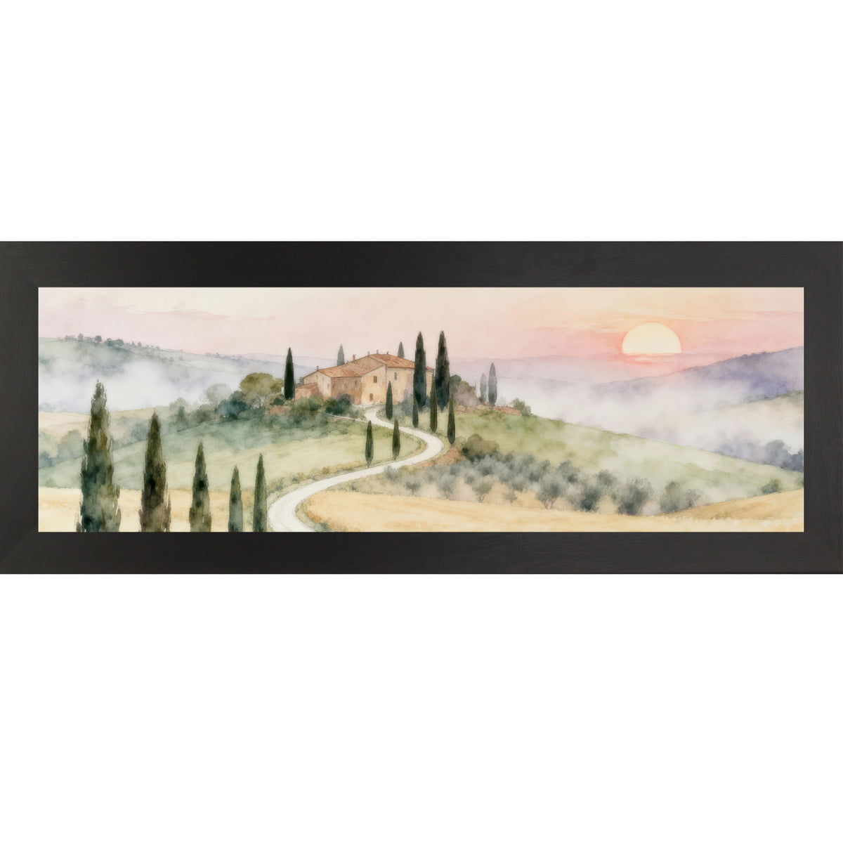 Tuscan Sunrise Road Wall Art – Watercolor Italian Countryside Wide Landscape Decor (SB925)