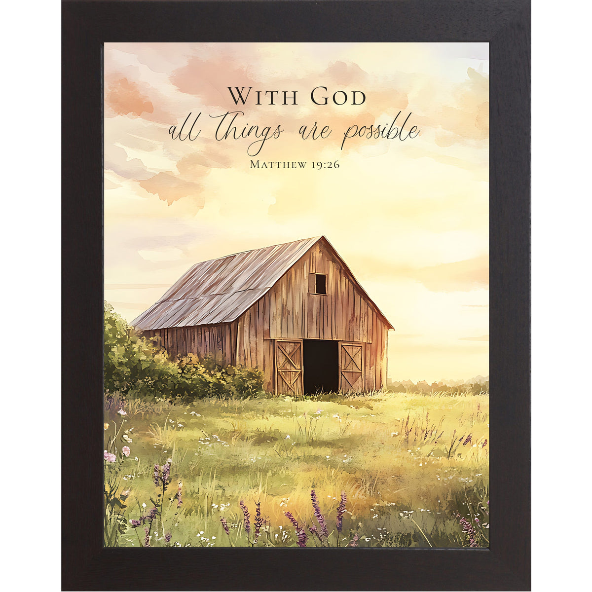 With God All Things Are Possible Wall Art – Matthew 19:26 Farmhouse Barn Sunrise Framed Decor (SB256)