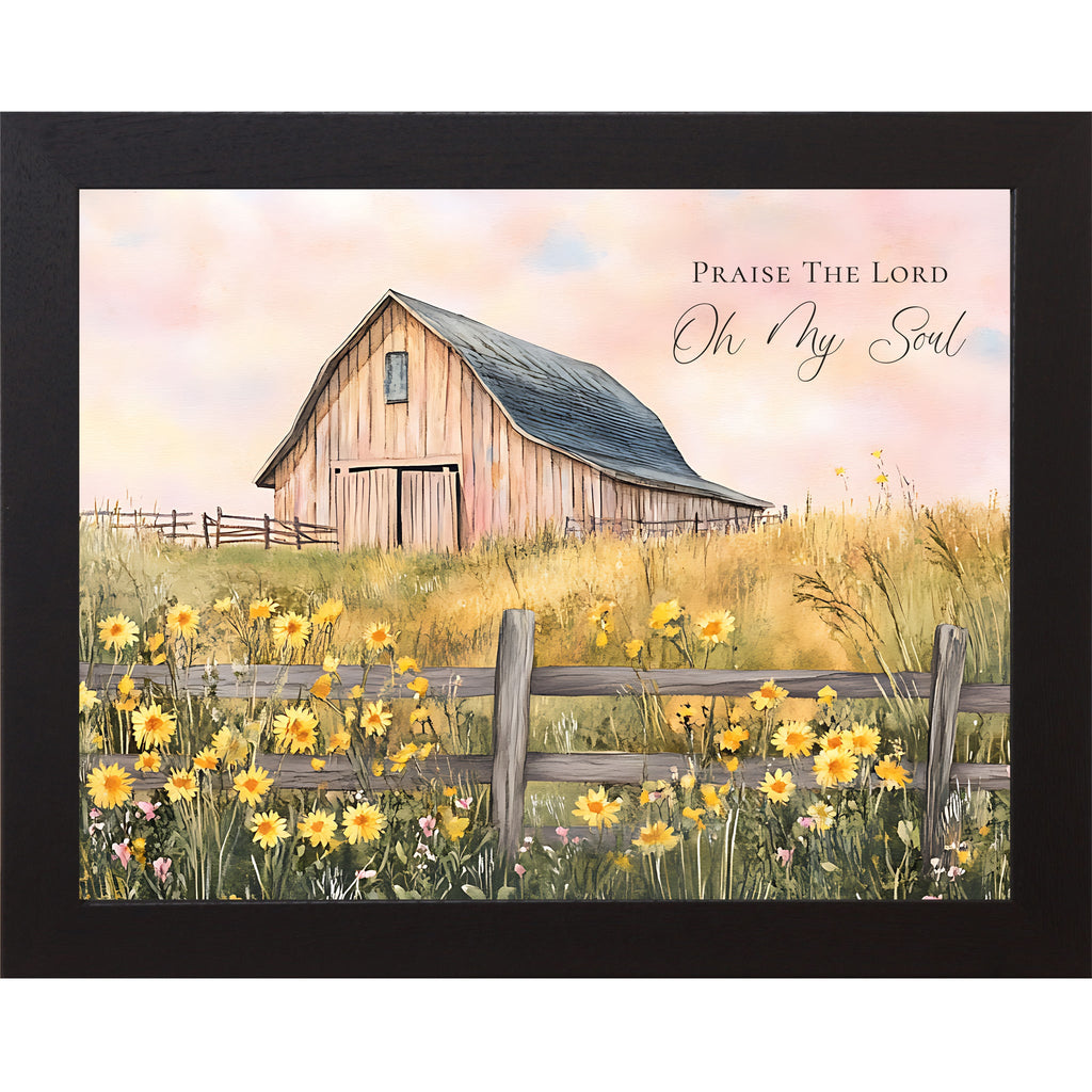 Praise The Lord Oh My Soul Wall Art – Christian Farmhouse Barn Sunflower Landscape Framed Decor (SB254)