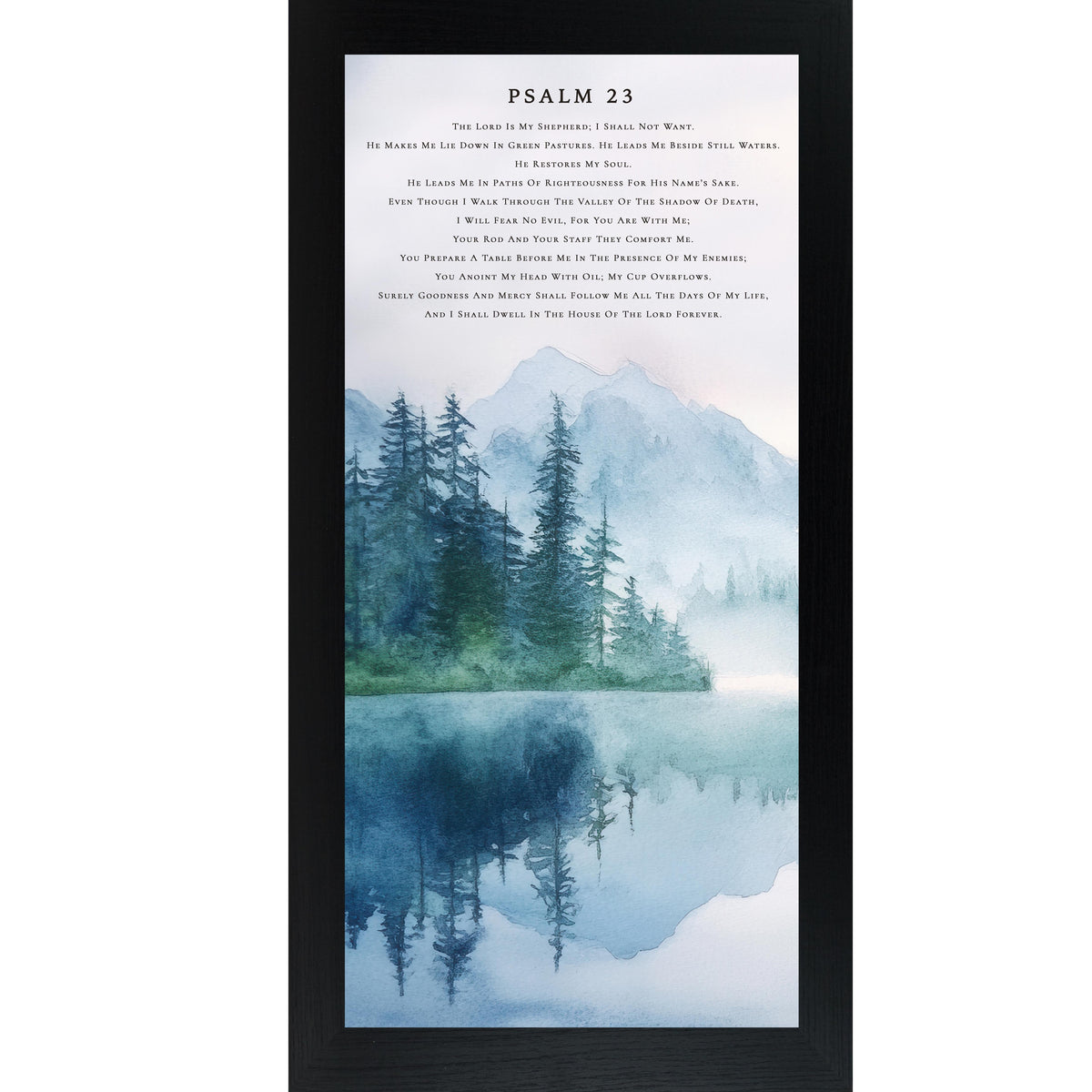 Psalm 23 Framed Wall Art – Watercolor Lake & Mountain Scripture Artwork, Christian Landscape Decor (SB750)