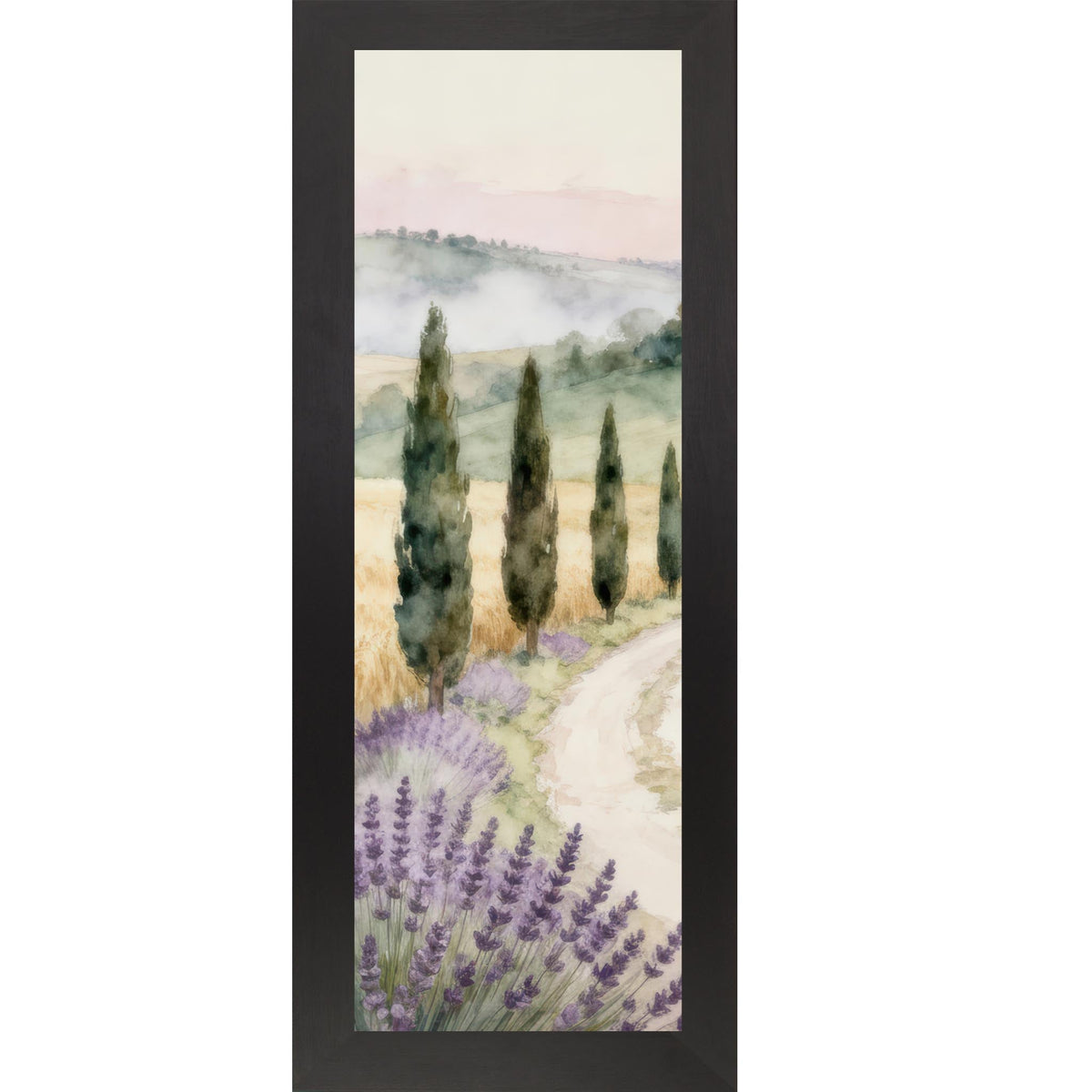 Tuscan Lavender Path Wall Art – Watercolor Cypress Trees Italian Countryside Narrow Portrait Decor (SB915)