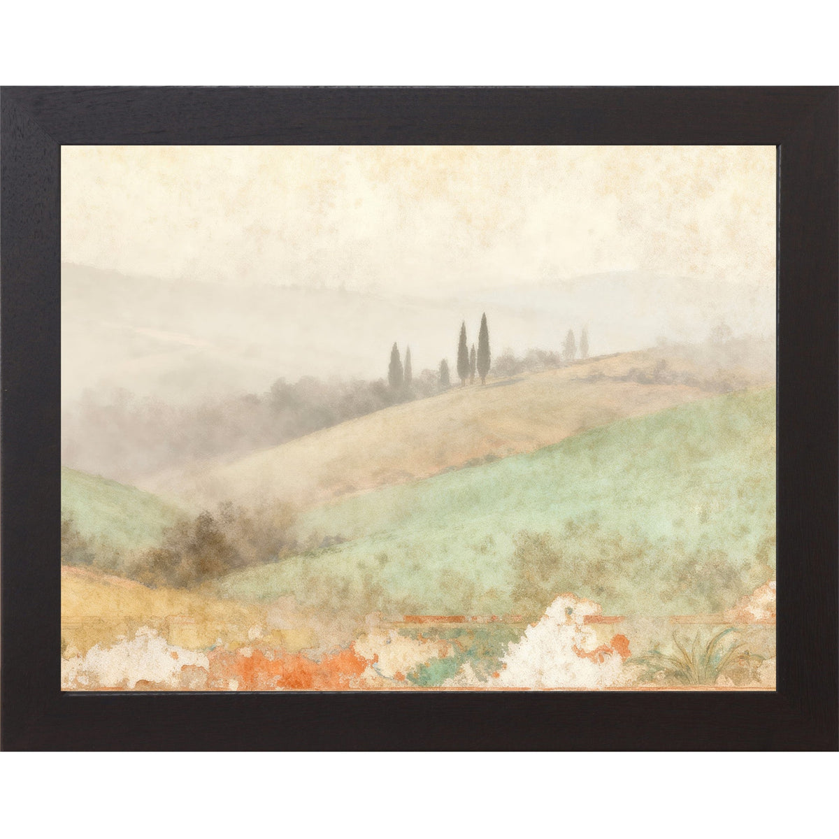 Tuscan Valley Mist Wall Art – Rolling Italian Hills Cypress Fresco Landscape Decor (SB220)