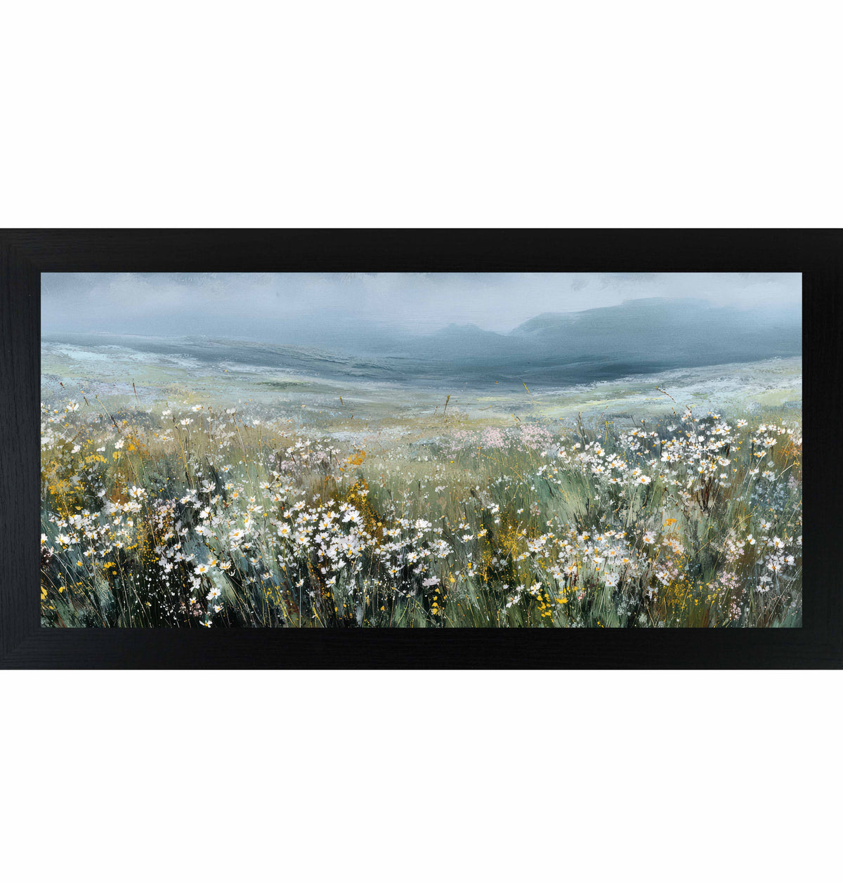 Wildflower Meadow Landscape Framed Wall Art – Watercolor Rolling Hills Floral Field Decor (SB752)