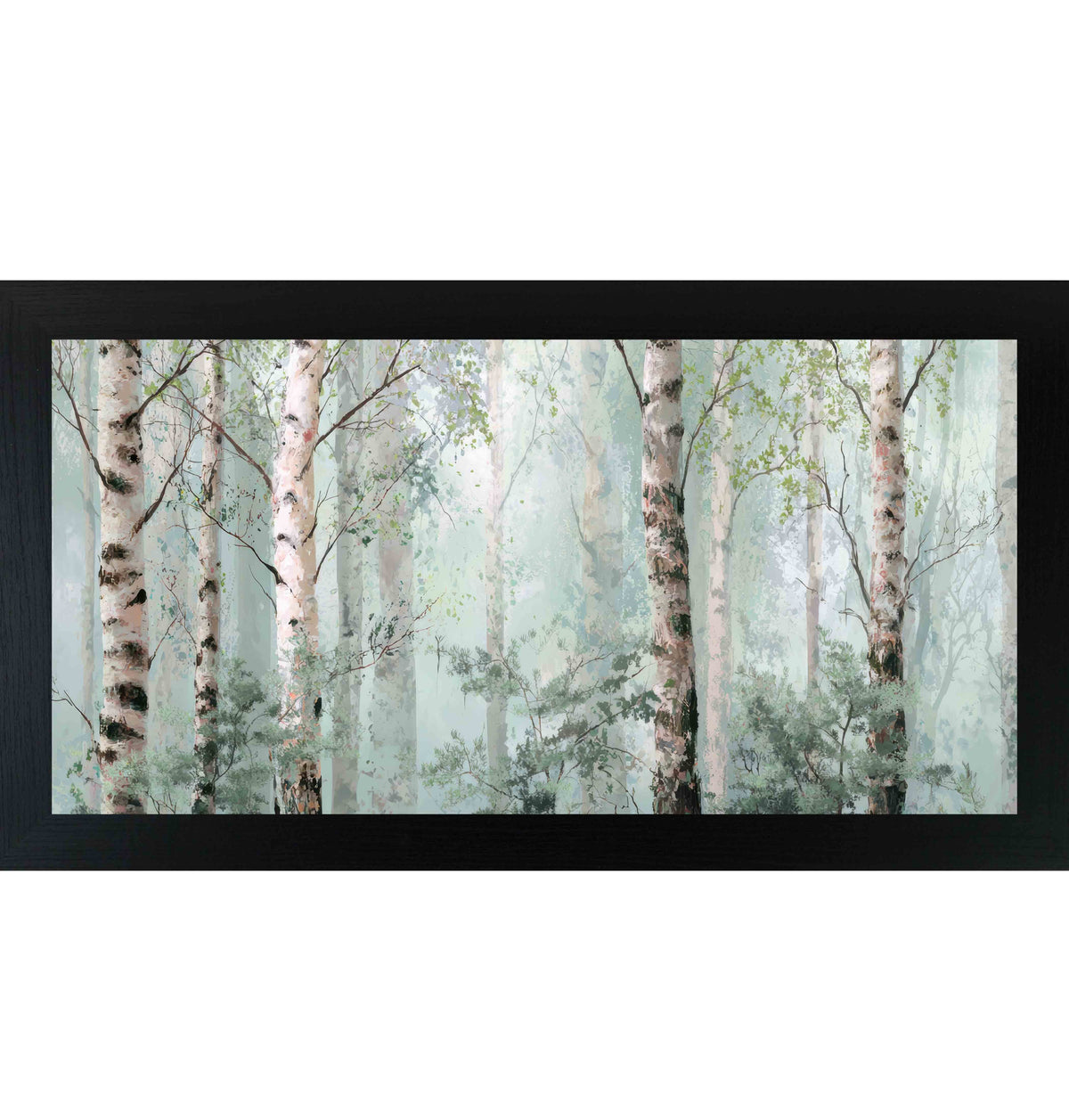 Birch Forest Mist Wall Art – Soft Watercolor Birch Tree Wide Landscape Scenic Decor (SB737)