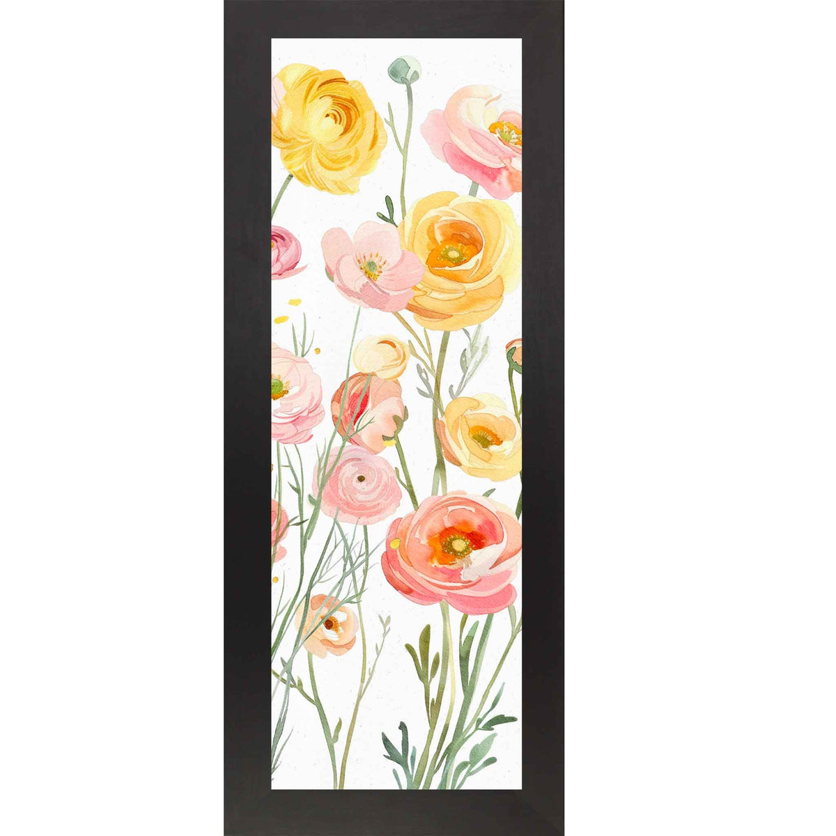 Golden Ranunculus Meadow – Vertical Watercolor Floral Wall Art – Slim Botanical Framed Decor 8x20 to 14x40 (SB912)