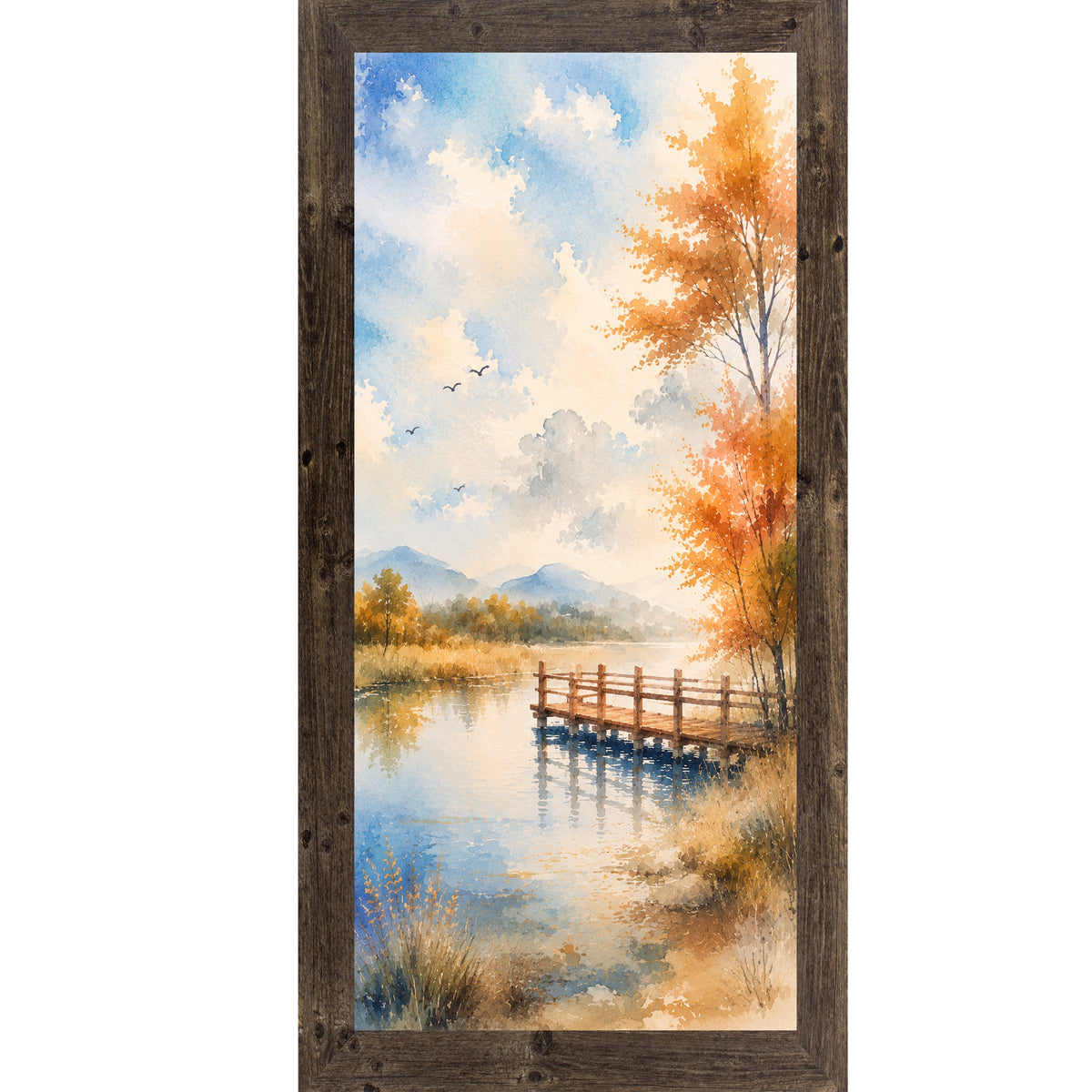 Autumn Pier Watercolor Wall Art – Tall Portrait Lake Scenic Landscape Decor (SB763)