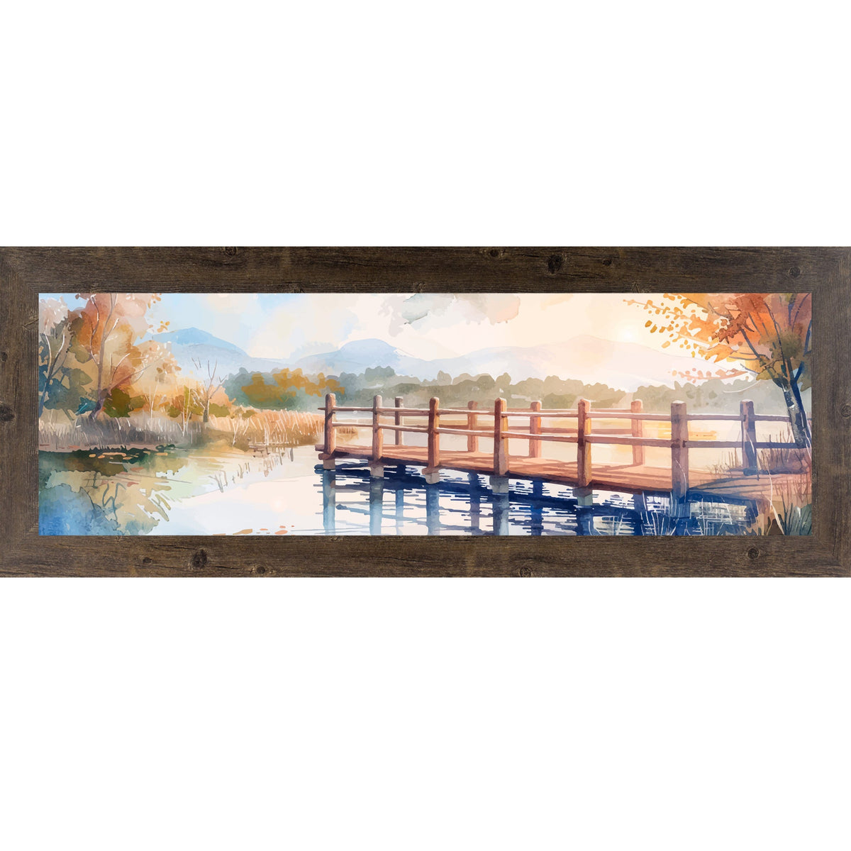 Autumn Pier Watercolor Wall Art – Wide Panoramic Lake Bridge Landscape Decor (SB943)