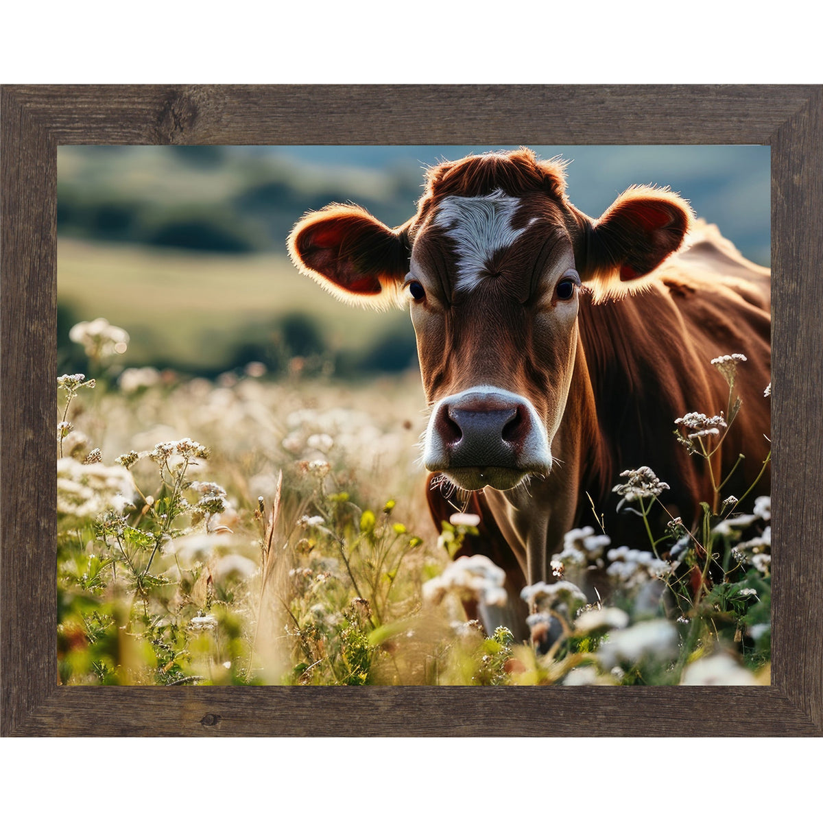 Jersey Cow Wildflower Field Wall Art – Farmhouse Cattle Scenic Landscape Decor (SB238)