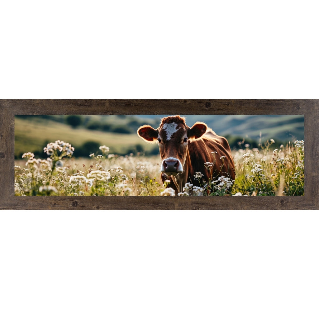 Jersey Cow Wildflower Panoramic Wall Art – Farmhouse Cattle Wide Landscape Decor (SB938)