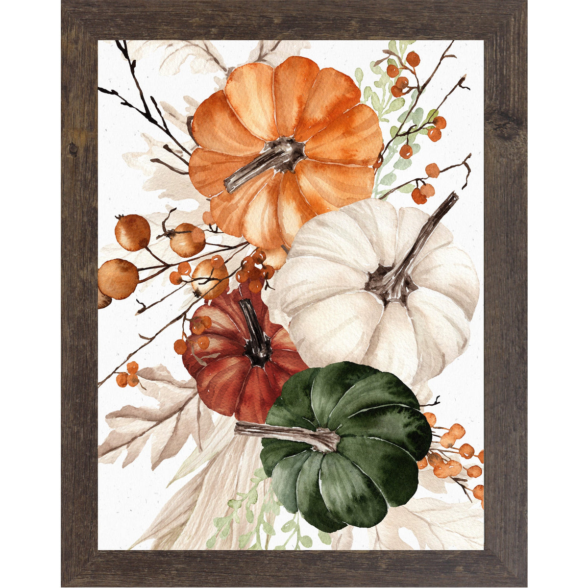 Pumpkin Bouquet Wall Art – Watercolor Orange White Burgundy Green Autumn Portrait Farmhouse Decor (SB252)