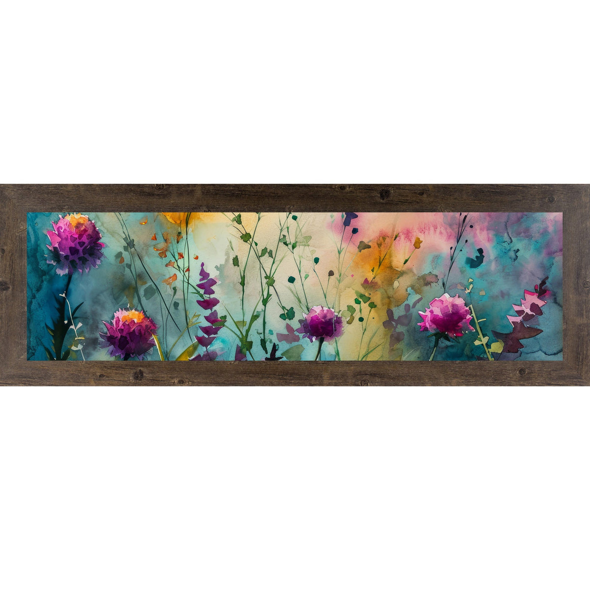 Teal Wildflower Wall Art – Watercolor Botanical Wide Landscape Floral Decor (SB932)