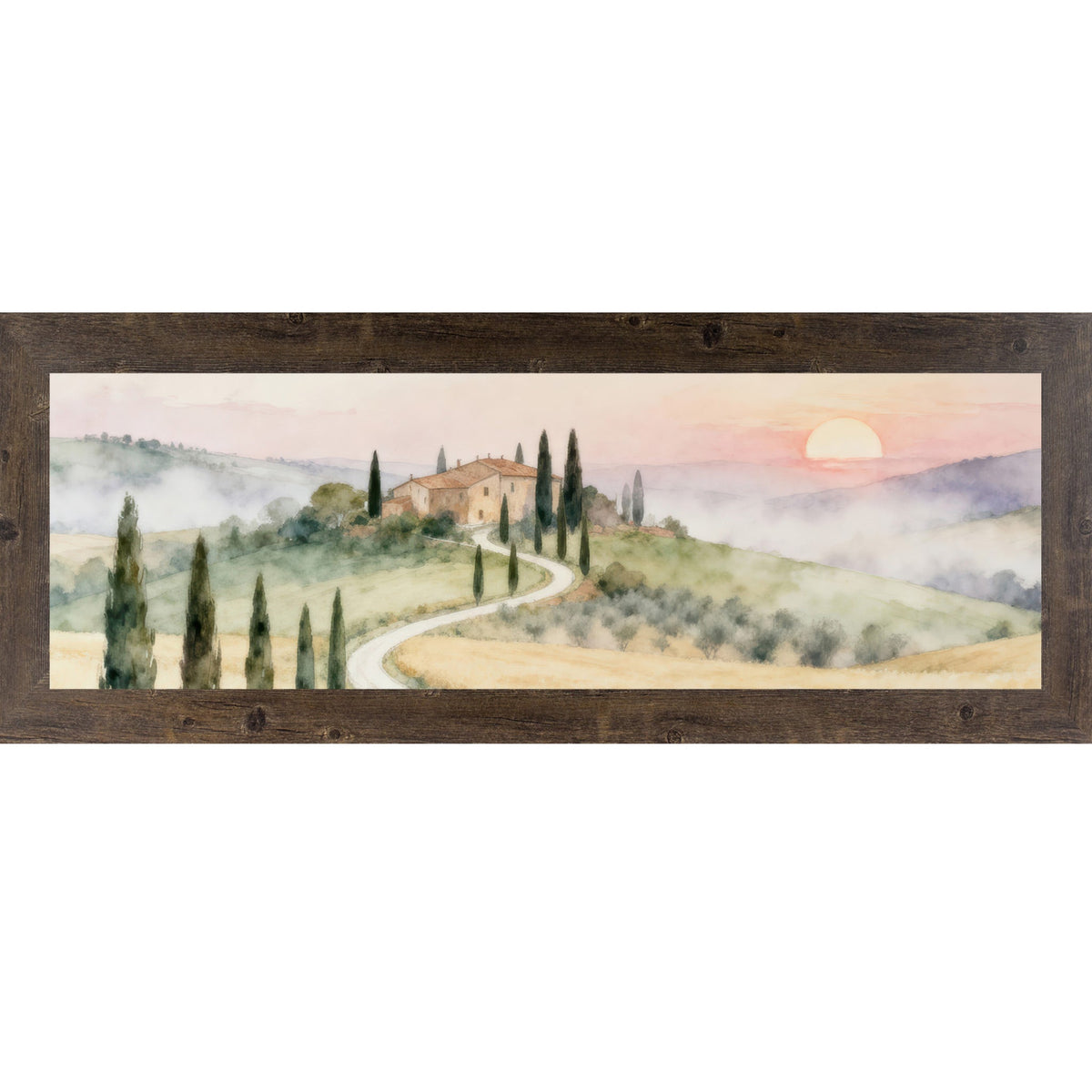 Tuscan Sunrise Road Wall Art – Watercolor Italian Countryside Wide Landscape Decor (SB925)