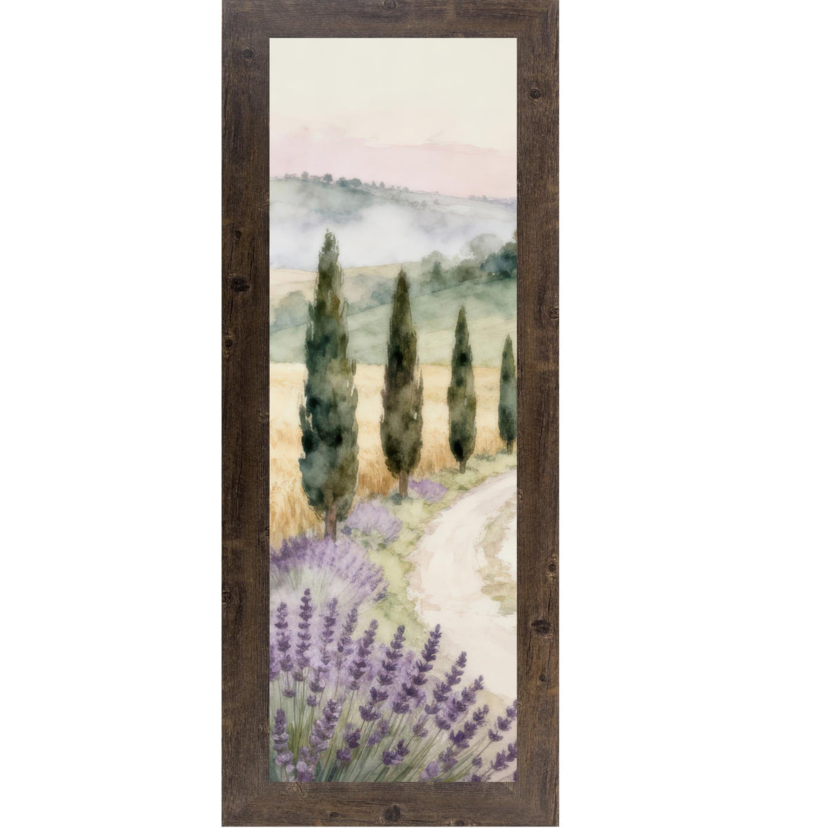 Tuscan Lavender Path Wall Art – Watercolor Cypress Trees Italian Countryside Narrow Portrait Decor (SB915)