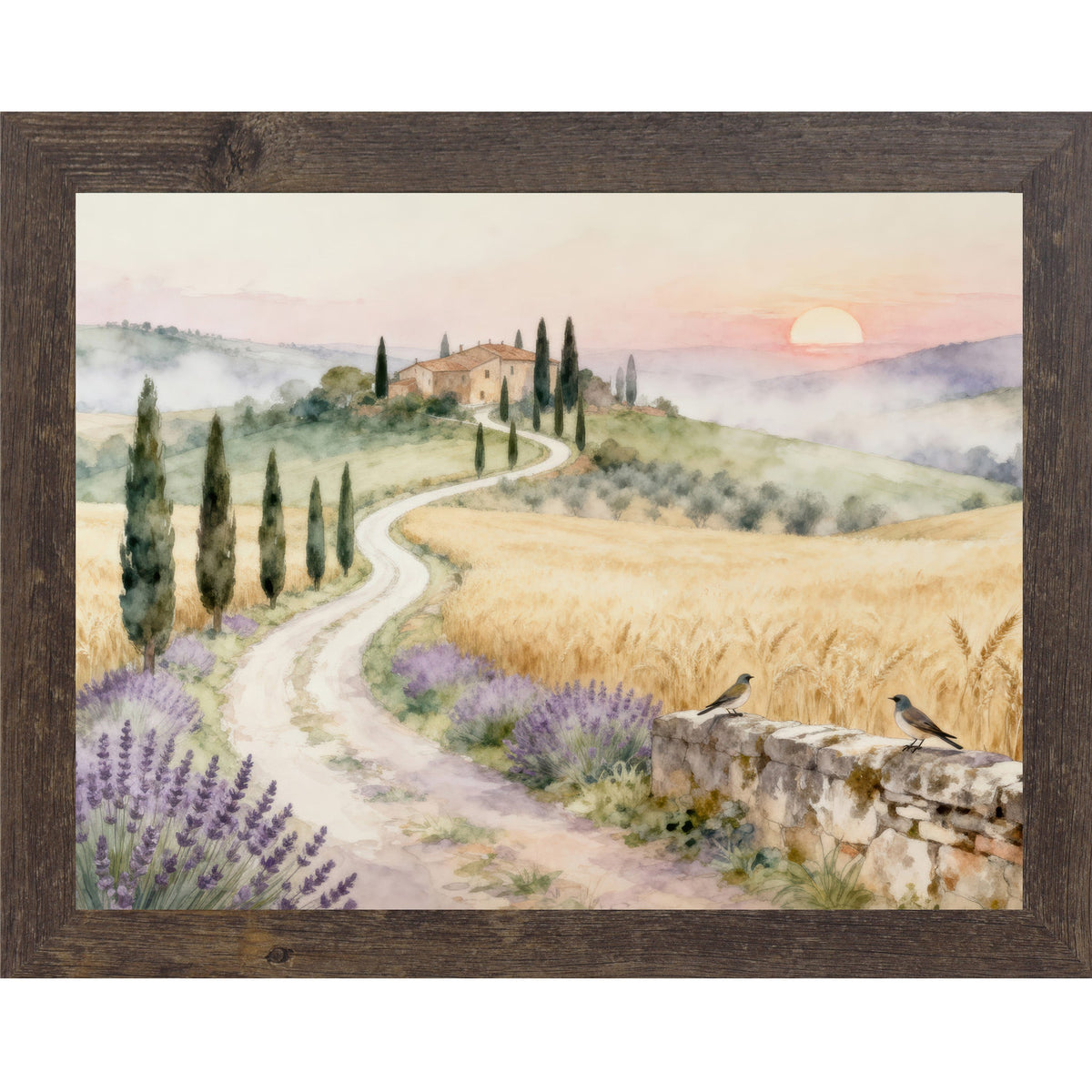 Tuscan Road to the Villa Wall Art – Watercolor Cypress Lavender Italian Sunrise Landscape (SB221)