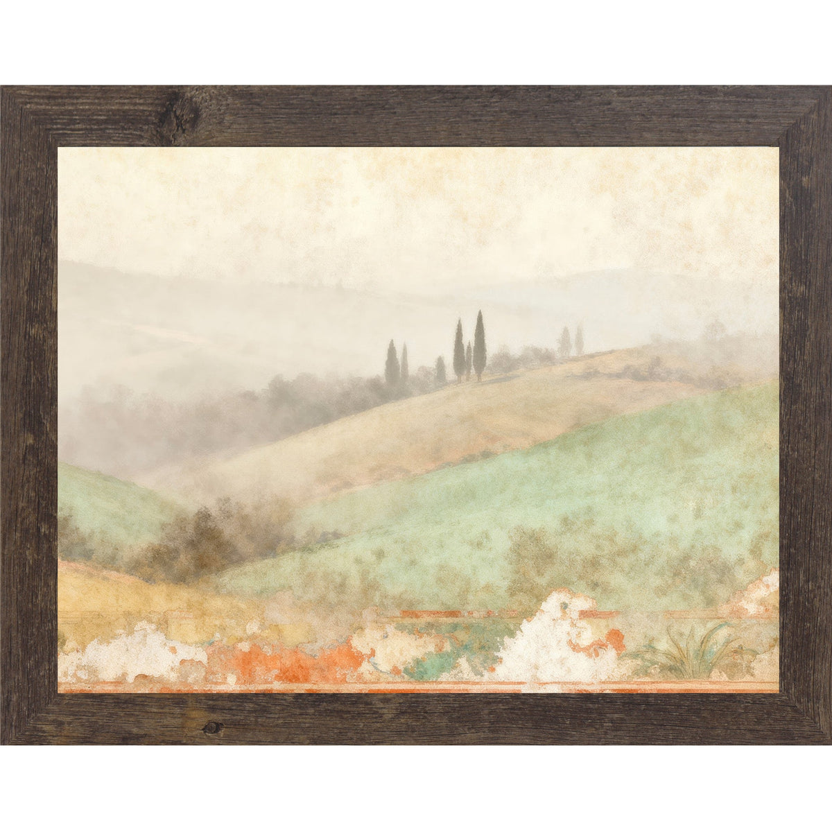 Tuscan Valley Mist Wall Art – Rolling Italian Hills Cypress Fresco Landscape Decor (SB220)