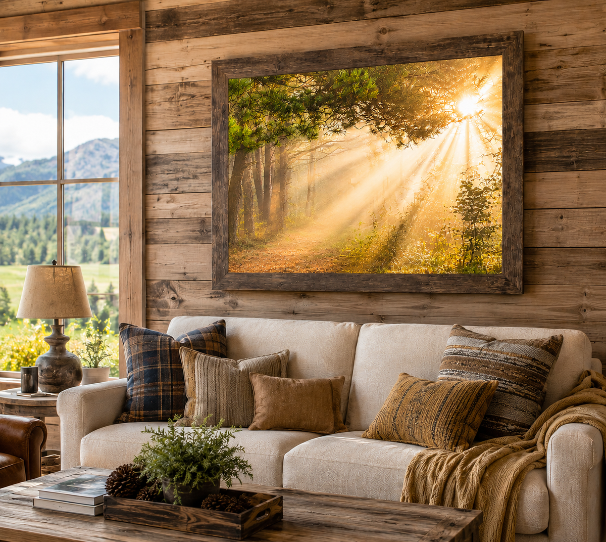 Forest Light Rays Wall Art – Misty Pine Sunlight Path Sympathy Nature Decor (SB244)