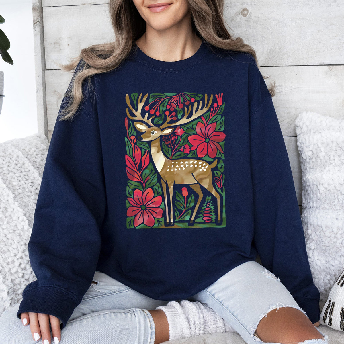 Christmas Deer With Colorful Flowers And Santa Claus In A Snowy Vintage Holiday Scene Sweatshirt