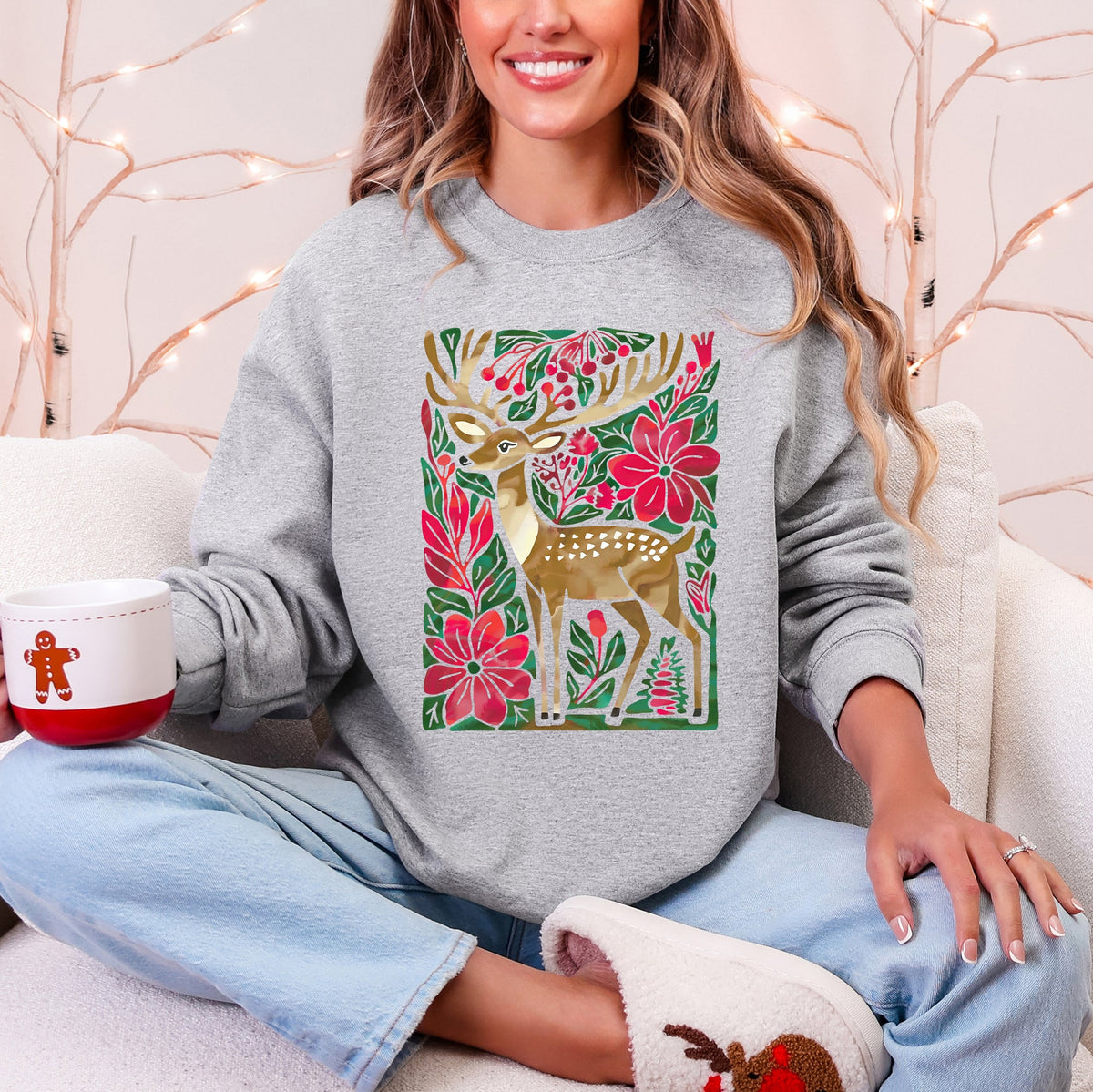 Christmas Deer With Colorful Flowers And Santa Claus In A Snowy Vintage Holiday Scene Sweatshirt