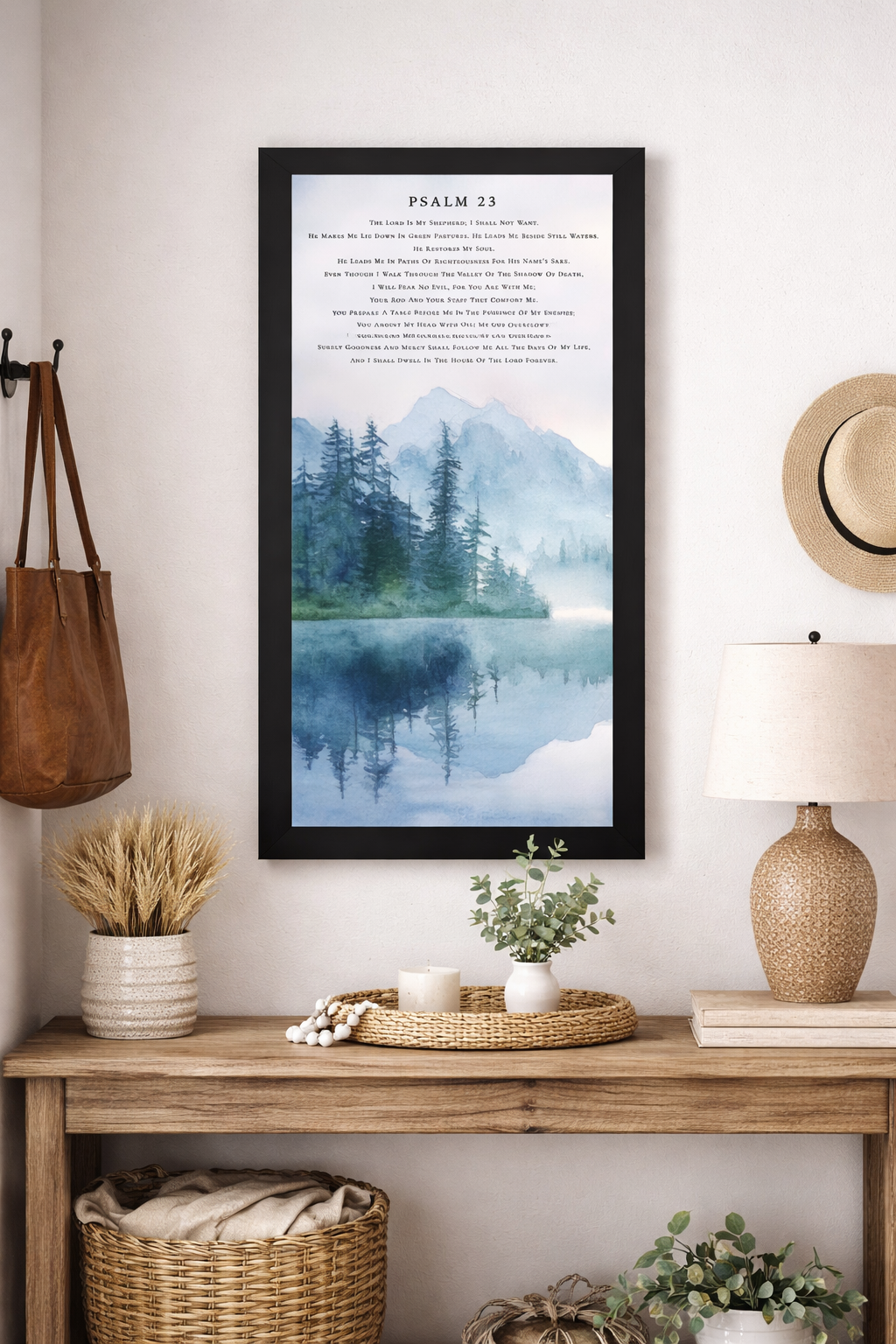 Psalm 23 Framed Wall Art – Watercolor Lake & Mountain Scripture Artwork, Christian Landscape Decor (SB750)