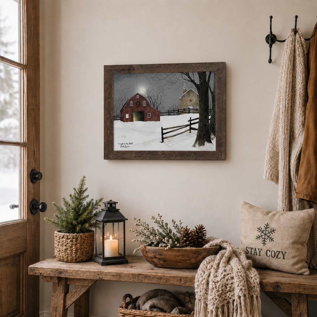 A Light in the Stable Wall Art by Billy Jacobs – Winter Barn Christmas Framed Print (BJ1068)