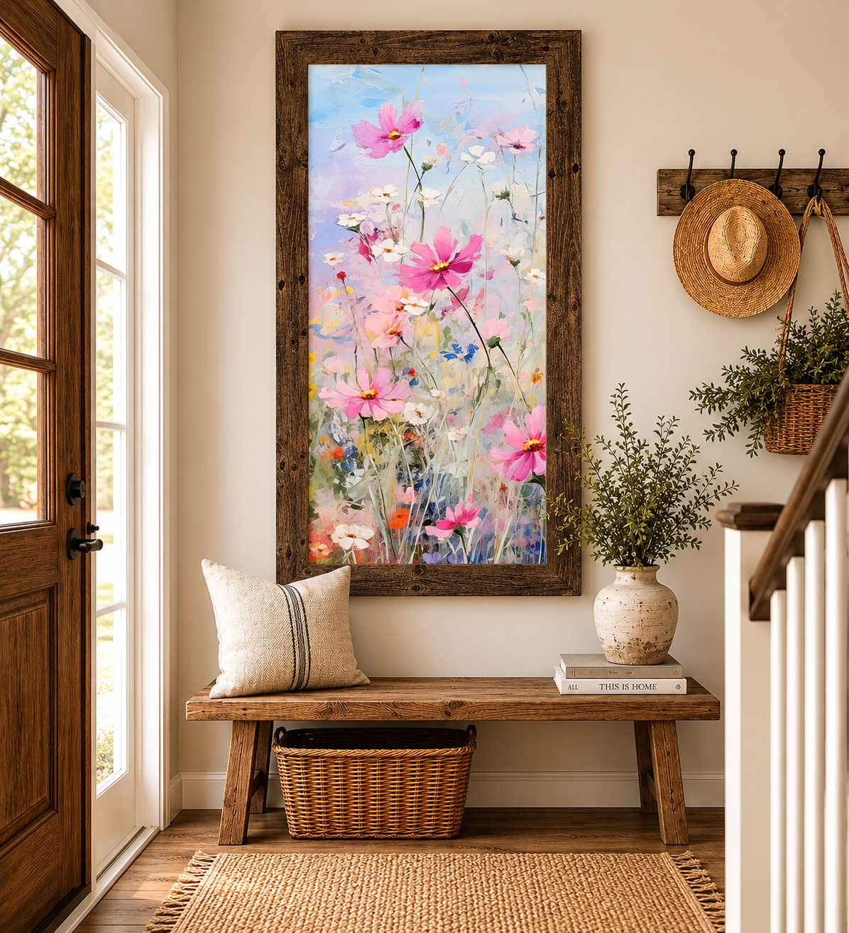Cosmos Meadow Wall Art – Impressionist Pink Wildflower Tall Portrait Floral Farmhouse Decor (SB728)