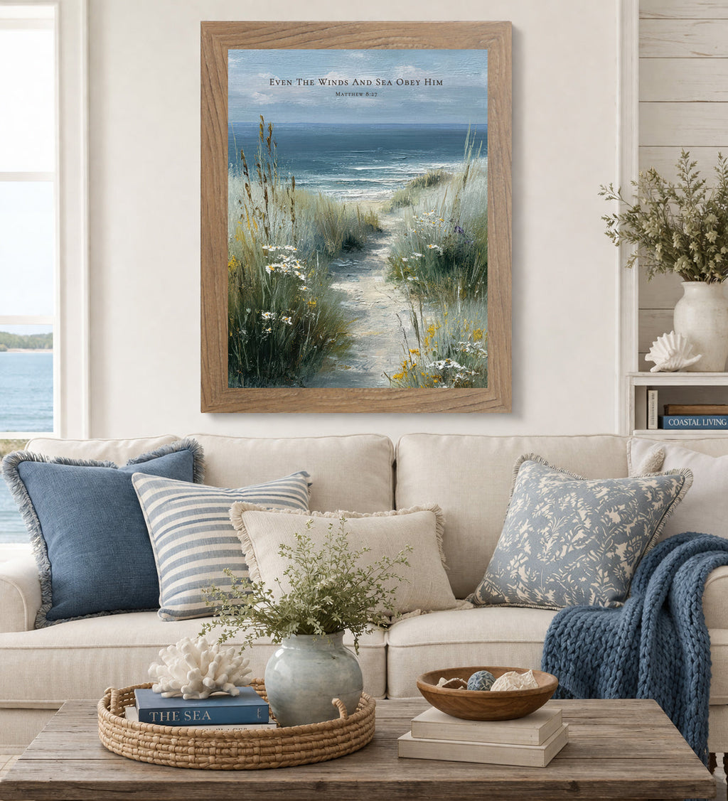 Even The Winds And Sea Obey Him Wall Art – Coastal Scripture Matthew 8:27 Decor (SB233)