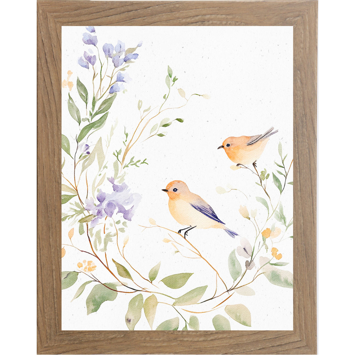 Watercolor Birds on Floral Branch Framed Wall Art – Soft Neutral Nature Decor, Bird Illustration (SB195)