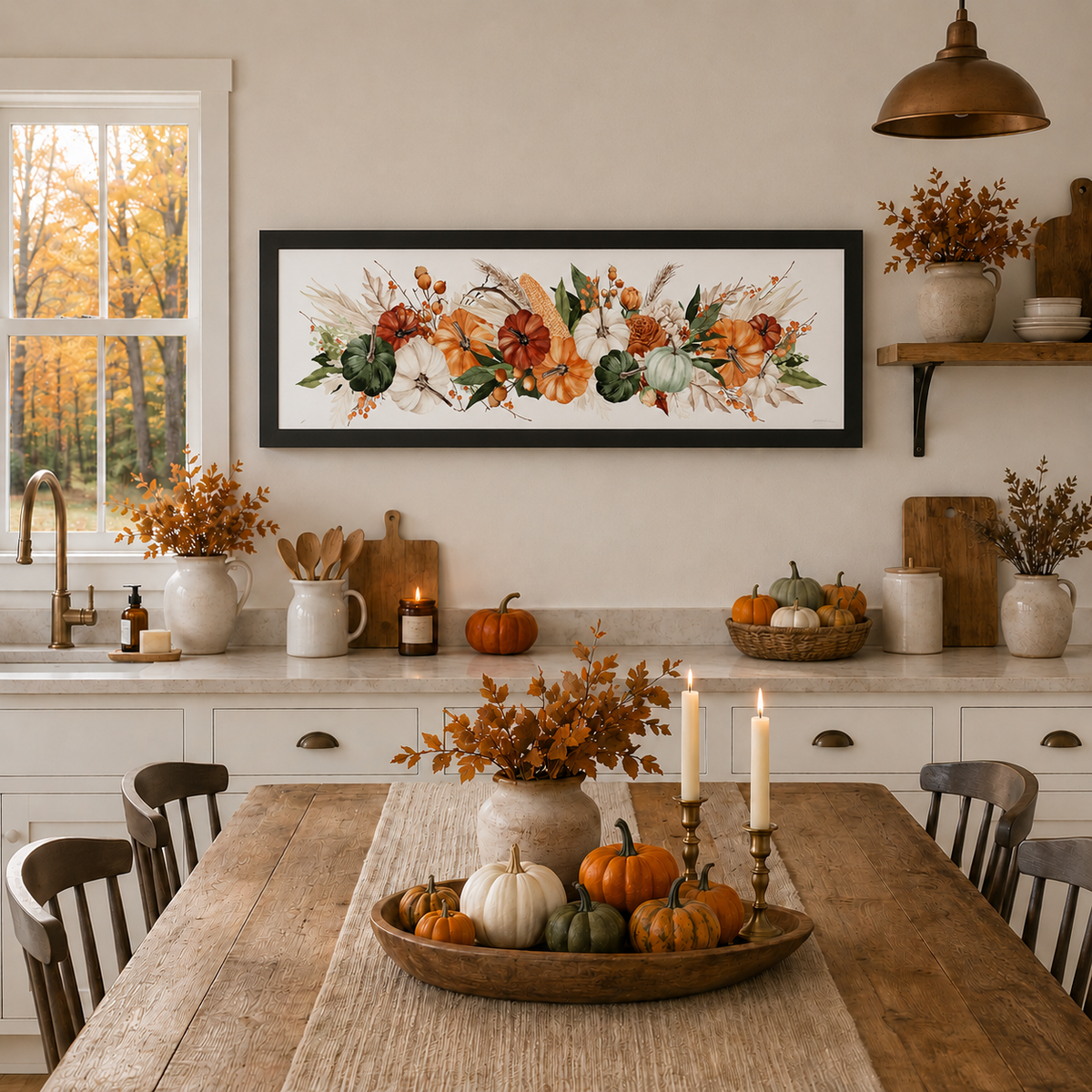 Harvest Wide Landscape Wall Art – Watercolor Pumpkin Corn Wheat Autumn Farmhouse Mantle Decor (SB949)
