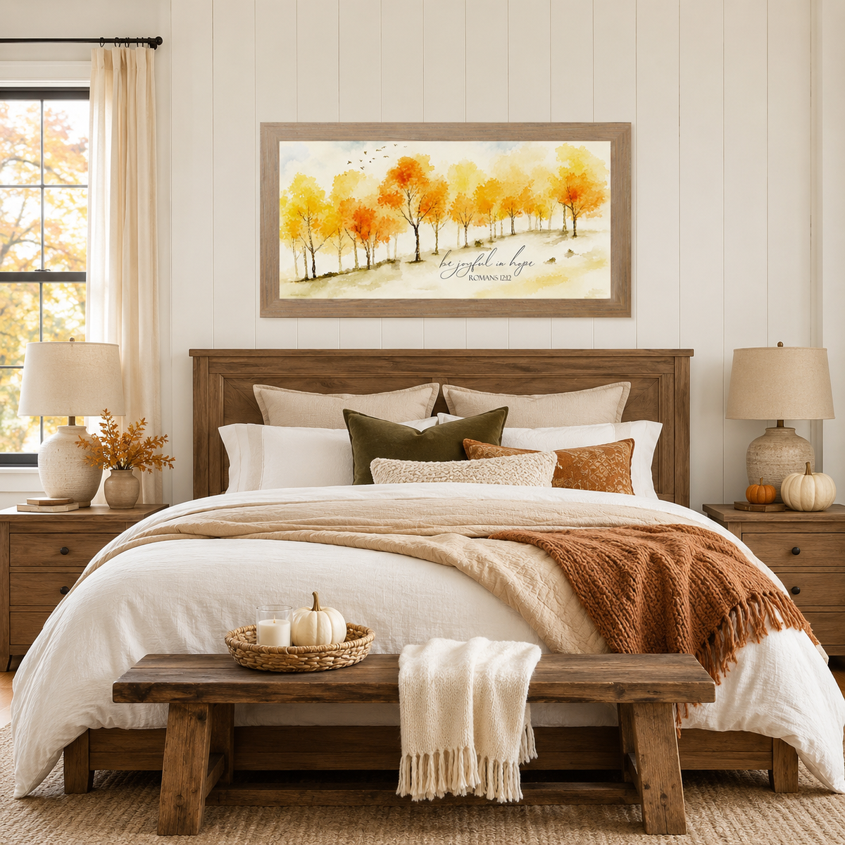 Be Joyful in Hope Wall Art – Romans 12:12 Watercolor Autumn Tree Landscape Decor (SN704)