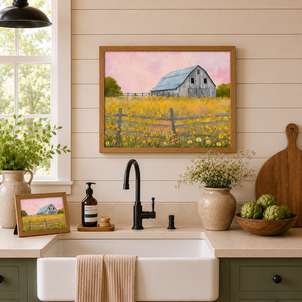 Yellow Wildflower Barn Wall Art – Farmhouse Summer Scenic Landscape Decor (SB253)
