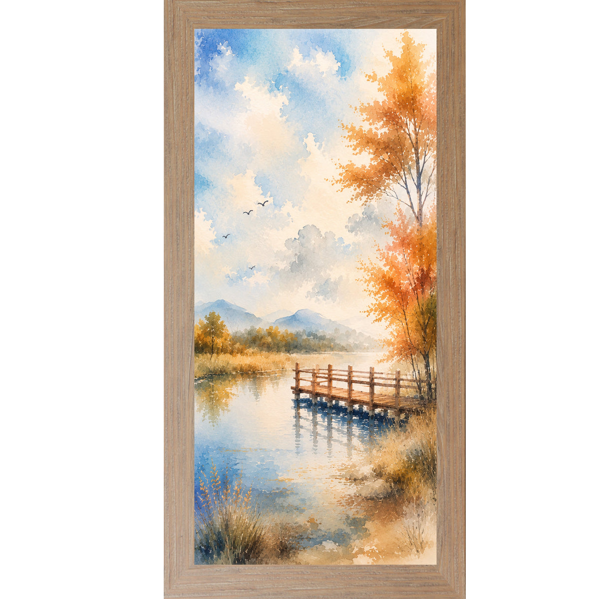 Autumn Pier Watercolor Wall Art – Tall Portrait Lake Scenic Landscape Decor (SB763)