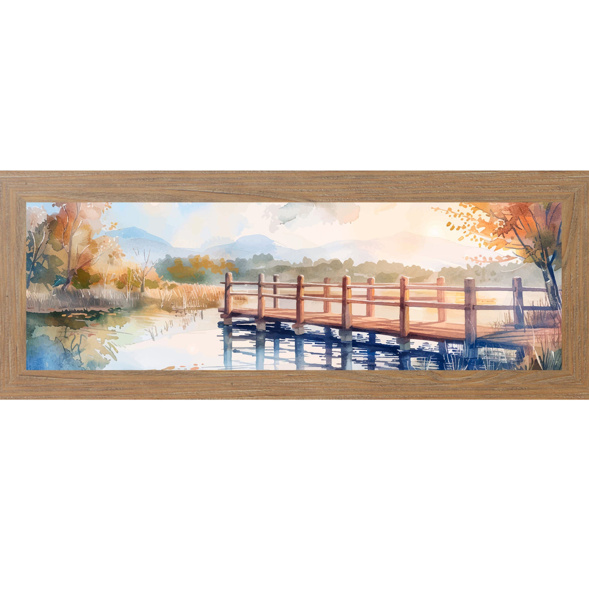 Autumn Pier Watercolor Wall Art – Wide Panoramic Lake Bridge Landscape Decor (SB943)