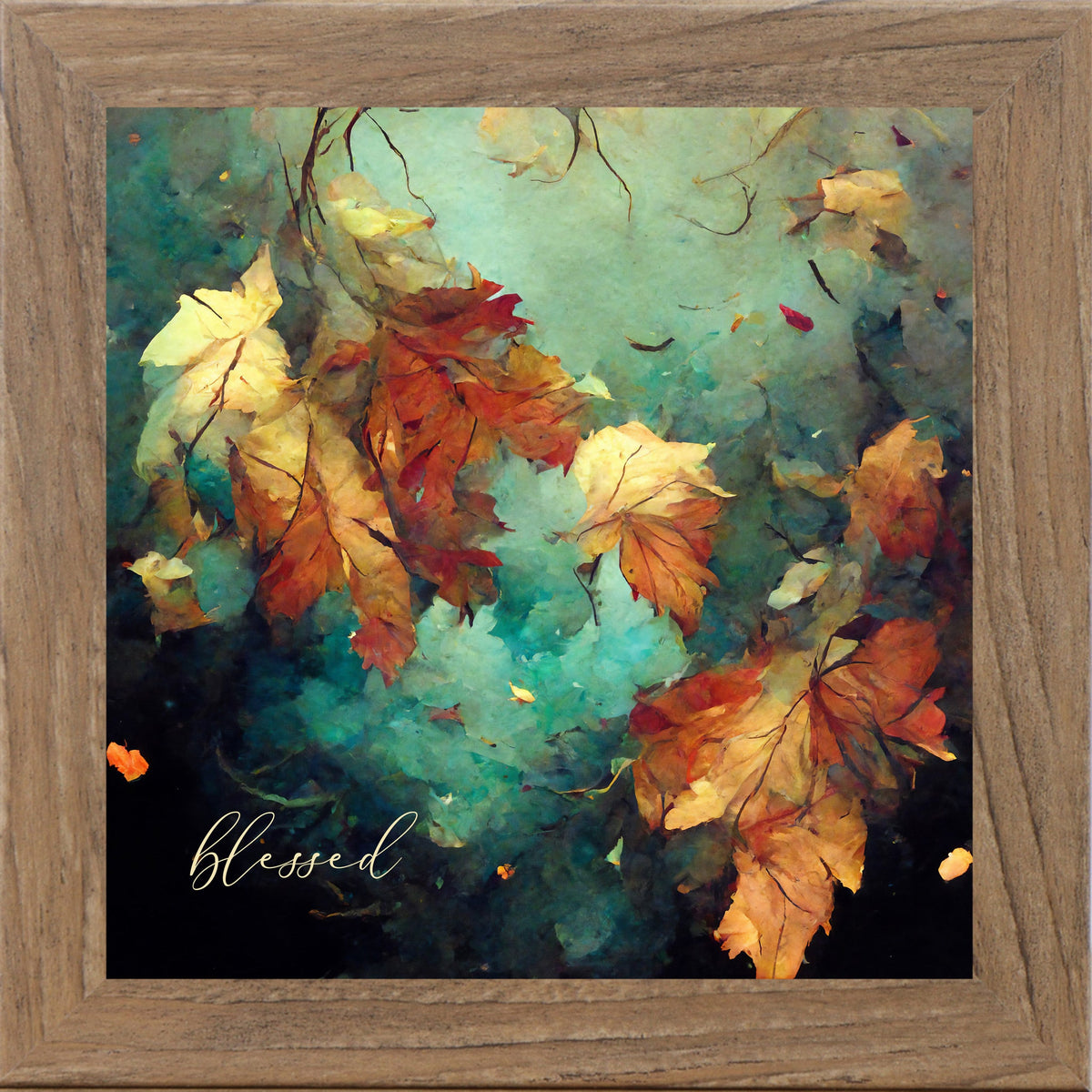 Blessed Fall Wall Art – Teal Watercolor Autumn Leaves Square Farmhouse Decor (SB305)