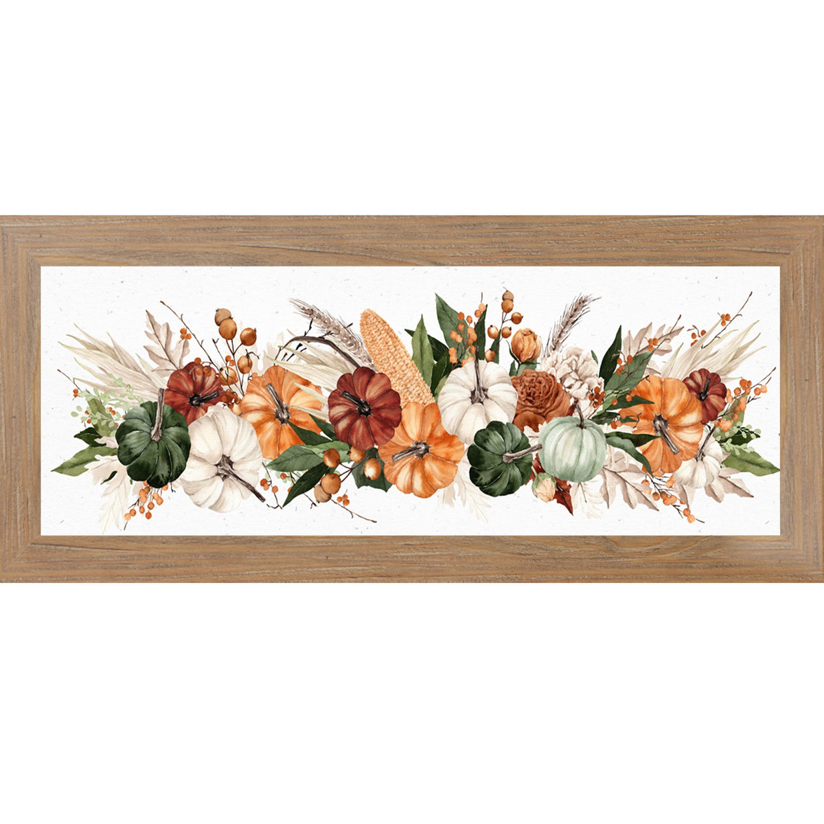 Harvest Wide Landscape Wall Art – Watercolor Pumpkin Corn Wheat Autumn Farmhouse Mantle Decor (SB949)