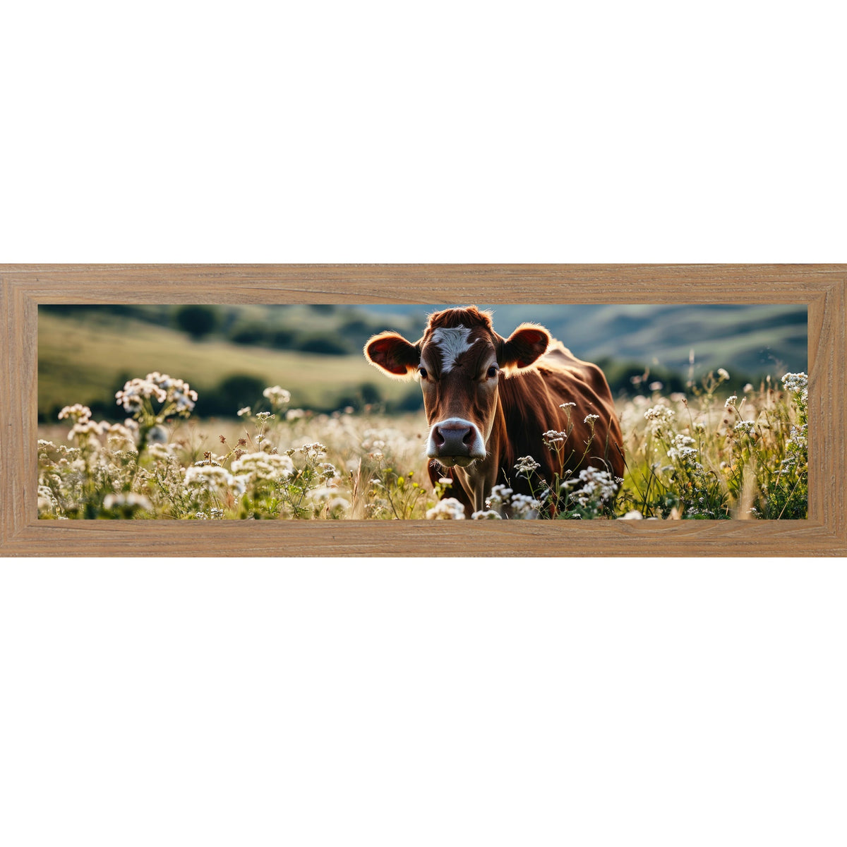 Jersey Cow Wildflower Panoramic Wall Art – Farmhouse Cattle Wide Landscape Decor (SB938)