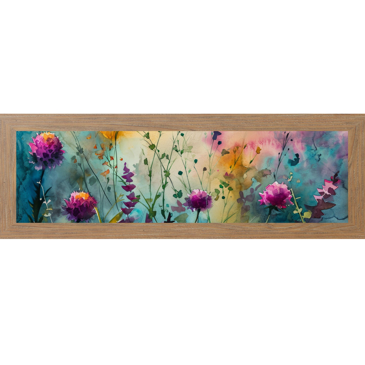 Teal Wildflower Wall Art – Watercolor Botanical Wide Landscape Floral Decor (SB932)
