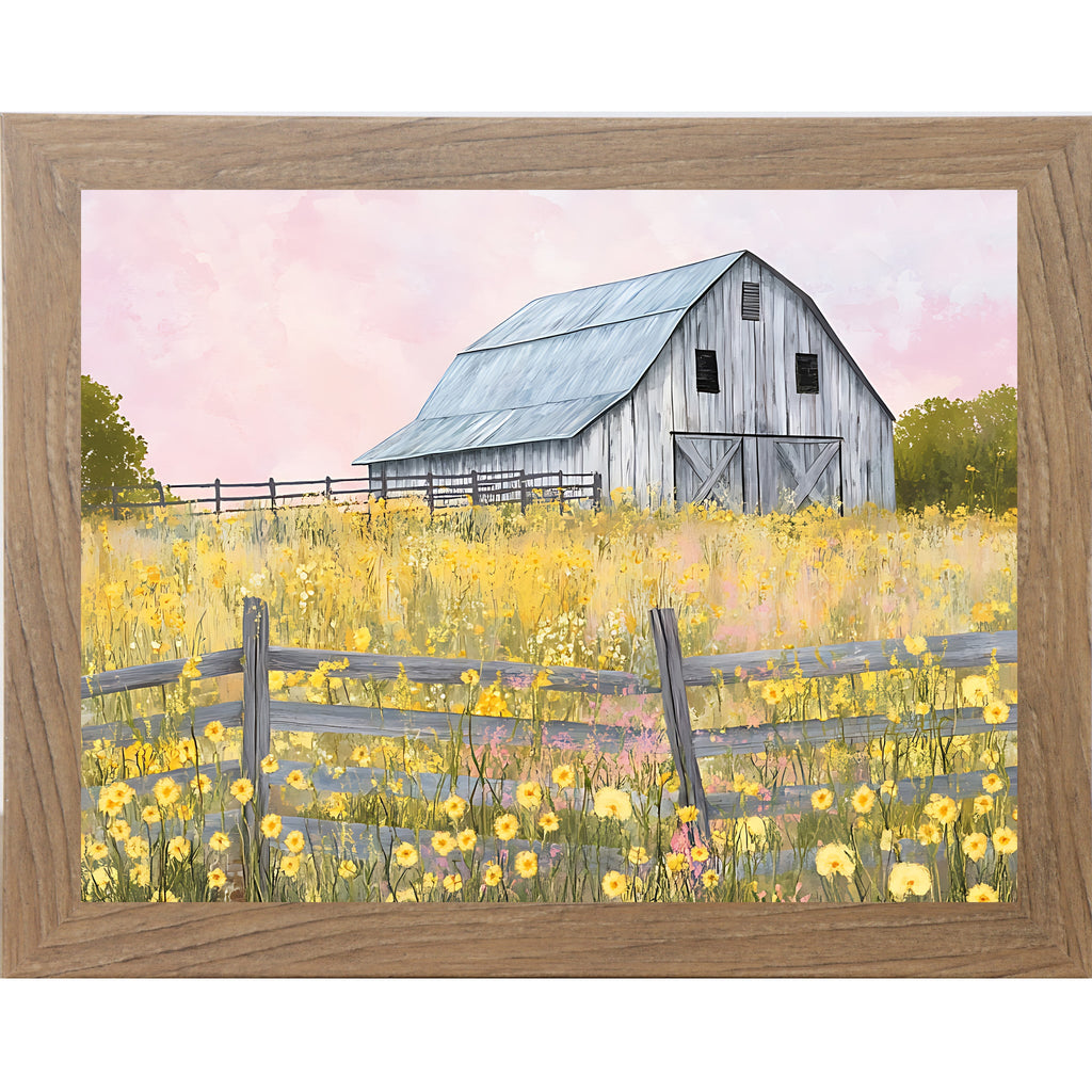 Yellow Wildflower Barn Wall Art – Farmhouse Summer Scenic Landscape Decor (SB253)