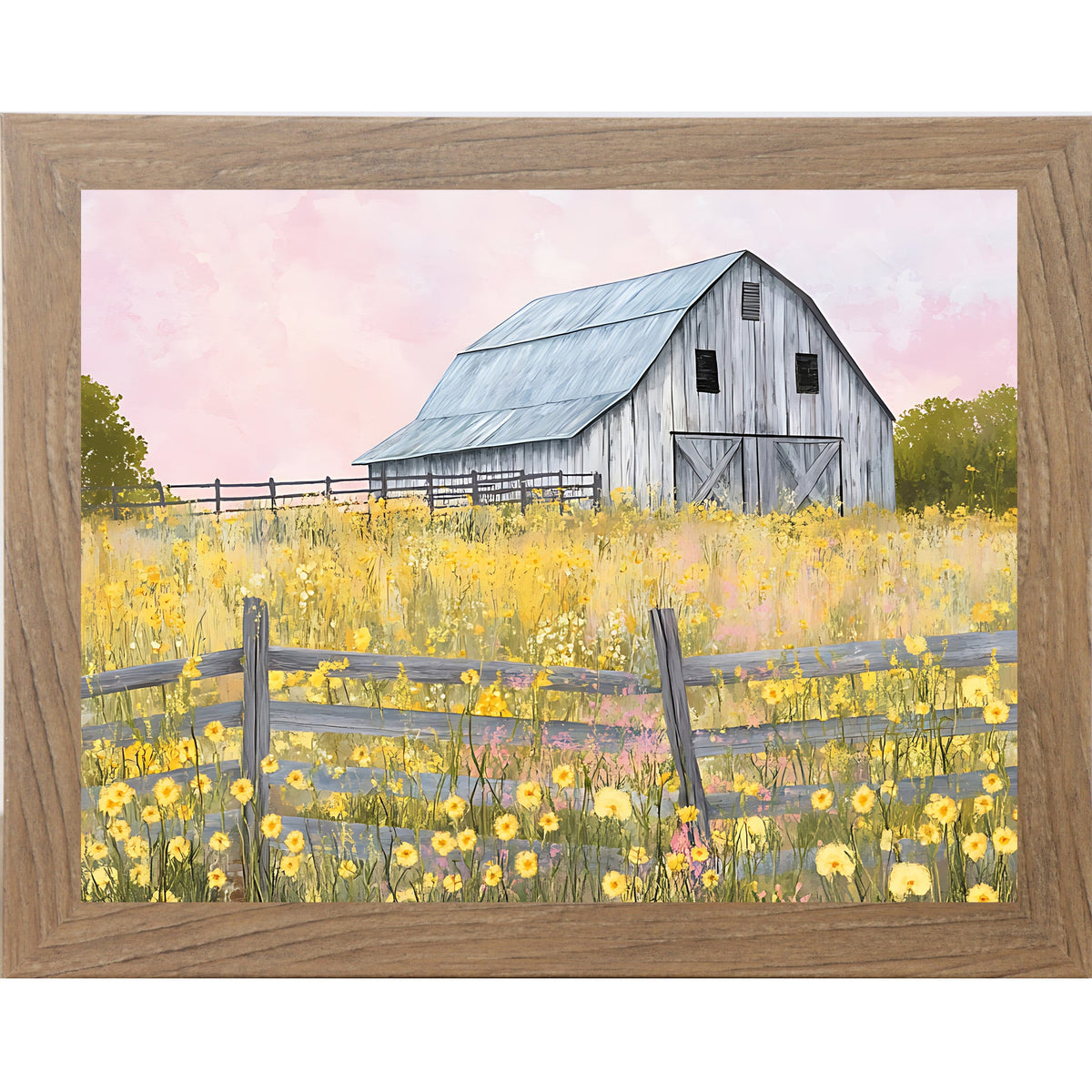 Yellow Wildflower Barn Wall Art – Farmhouse Summer Scenic Landscape Decor (SB253)