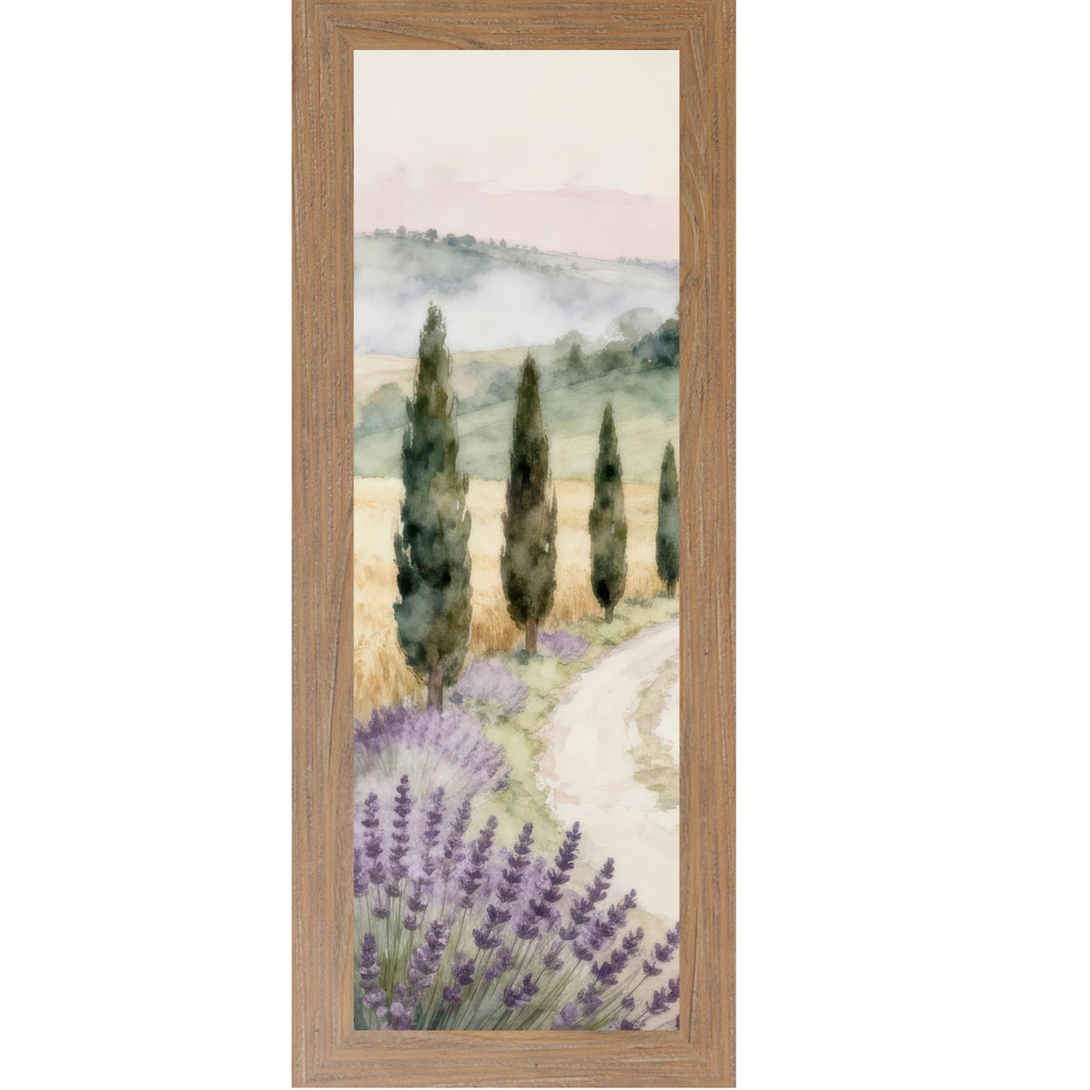 Tuscan Lavender Path Wall Art – Watercolor Cypress Trees Italian Countryside Narrow Portrait Decor (SB915)