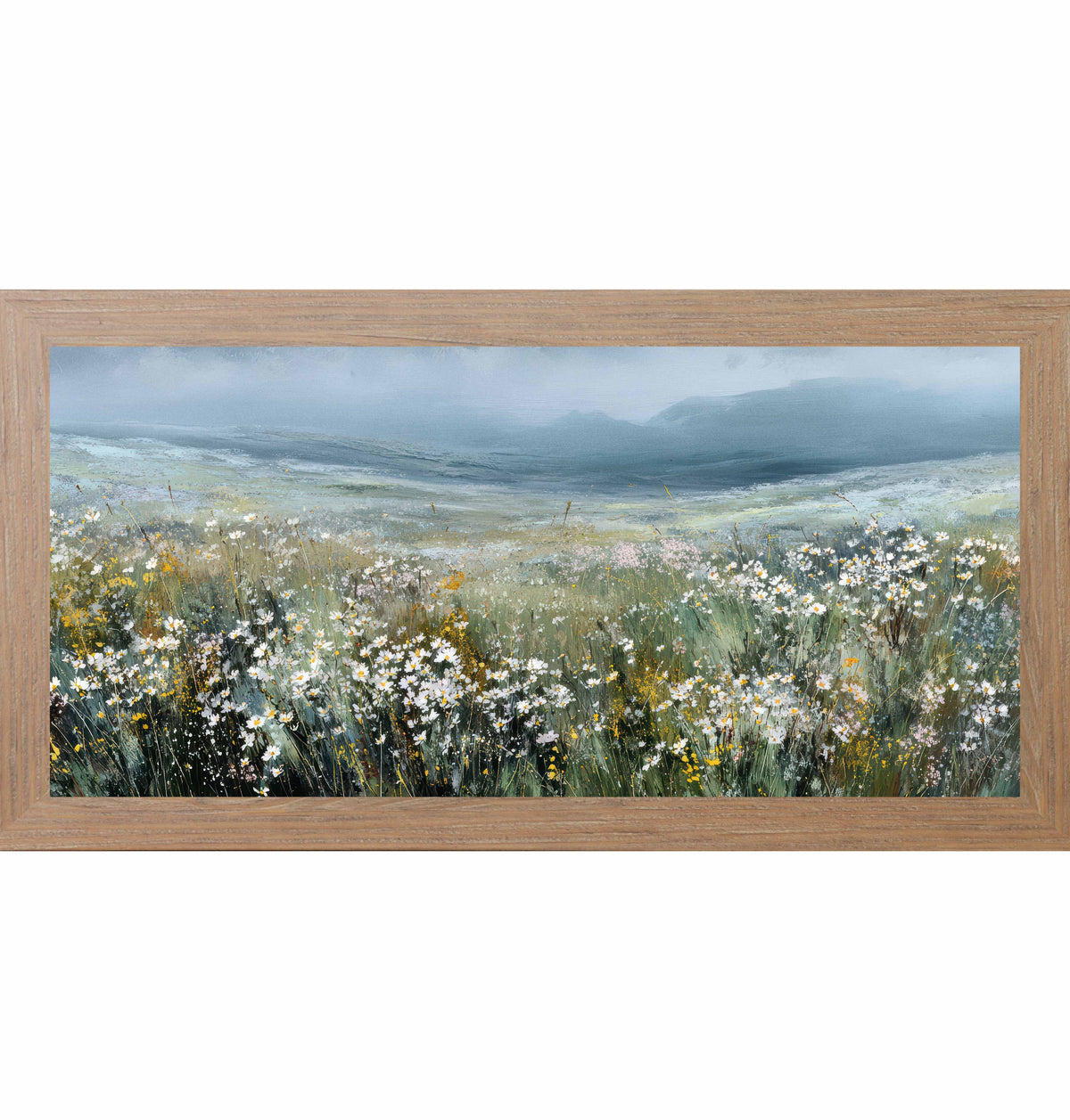 Wildflower Meadow Landscape Framed Wall Art – Watercolor Rolling Hills Floral Field Decor (SB752)