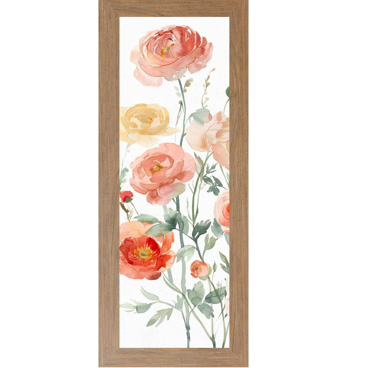 Blush Ranunculus Garden – Vertical Watercolor Floral Wall Art – Slim Botanical Framed Decor 8x20 to 14x40 (SB911)