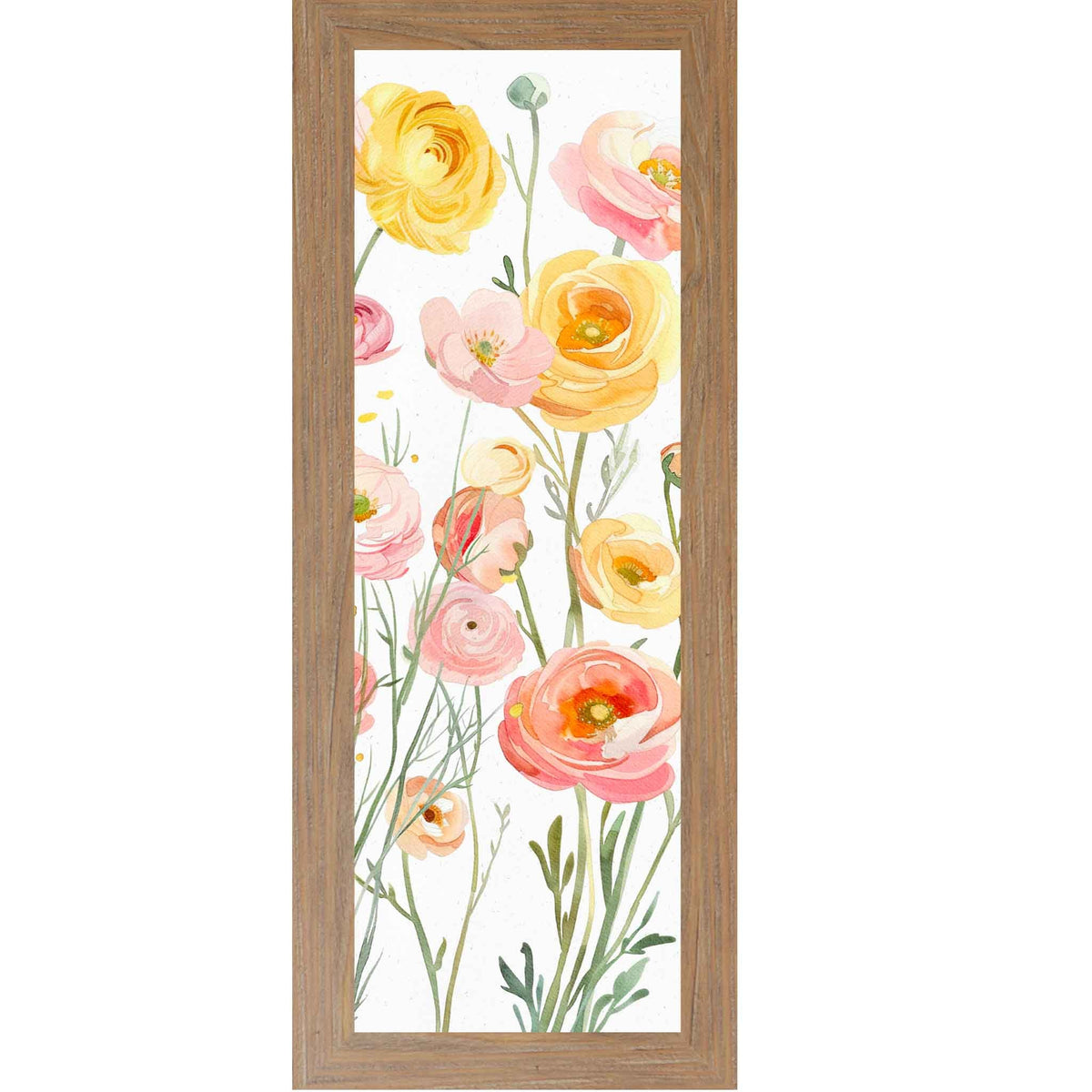 Golden Ranunculus Meadow – Vertical Watercolor Floral Wall Art – Slim Botanical Framed Decor 8x20 to 14x40 (SB912)